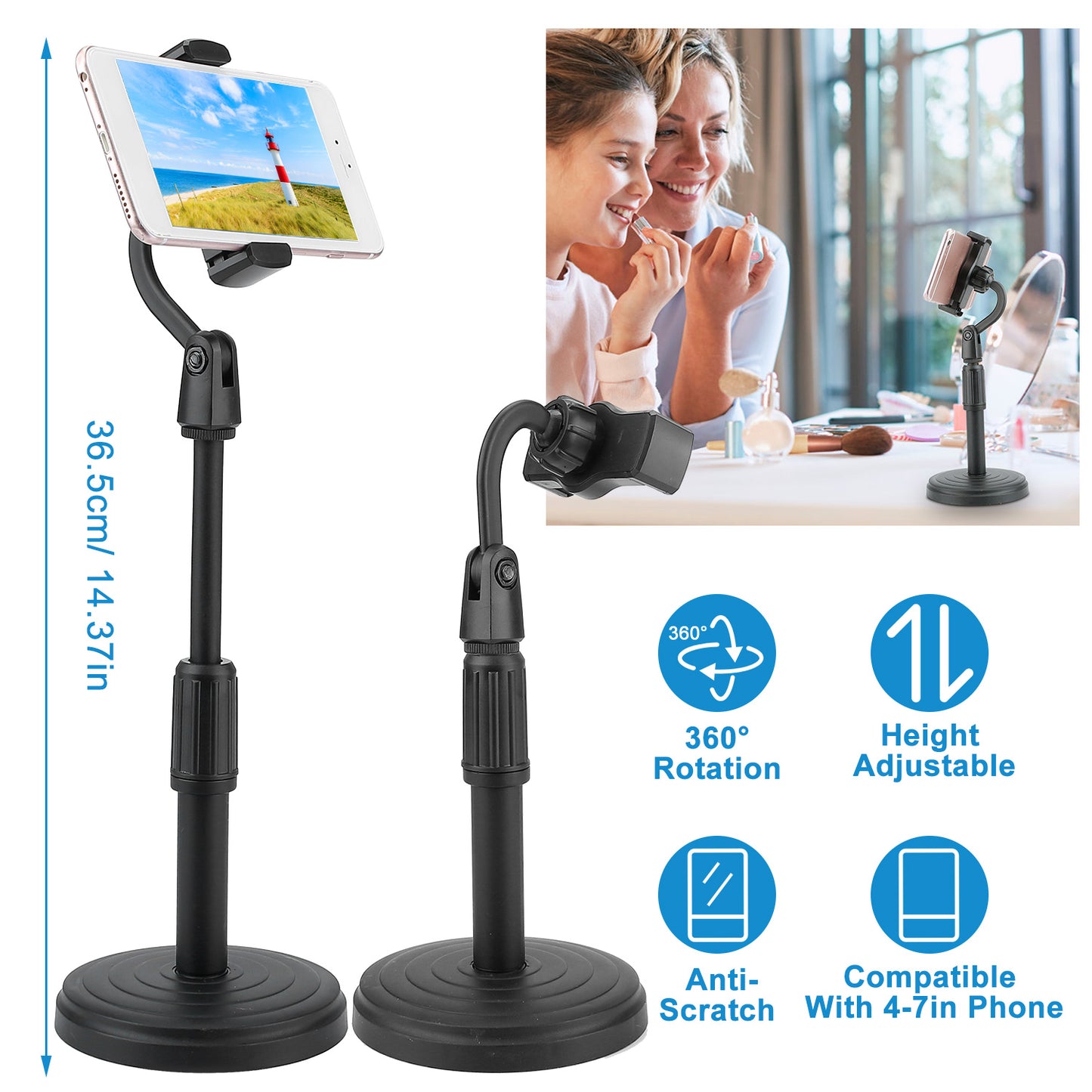 Desktop Phone Stand Angle Height Adjustable Phone Clamp Mount Rotatable Cell Phone Holder For 4-7in Device Selfie Vlog Recording Streaming