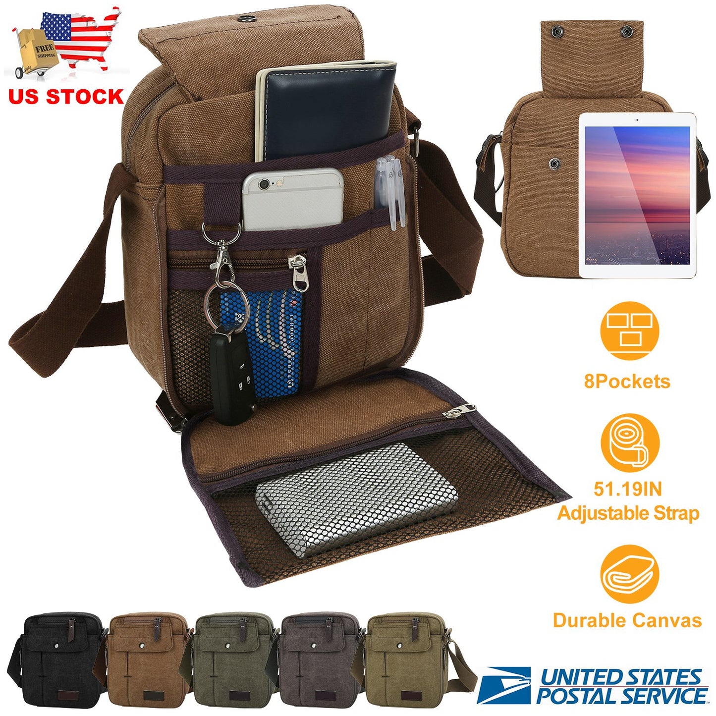 Unisex Crossbody Bags Canvas Phone Tablet PC Shoulder Bag Credit Card Key Messenger Purse