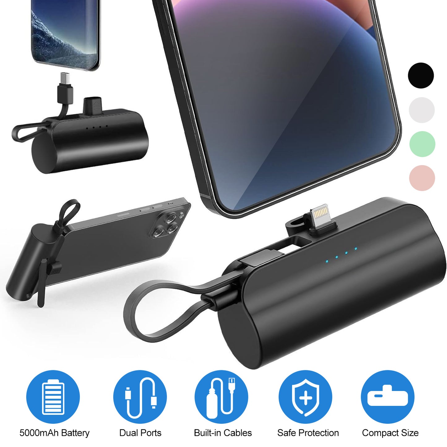 5000mAh Portable Phone Charger Built-in Type-C IOS Cable Dual Output Power Bank Compact Size Compatible with IOS Phone Samsung
