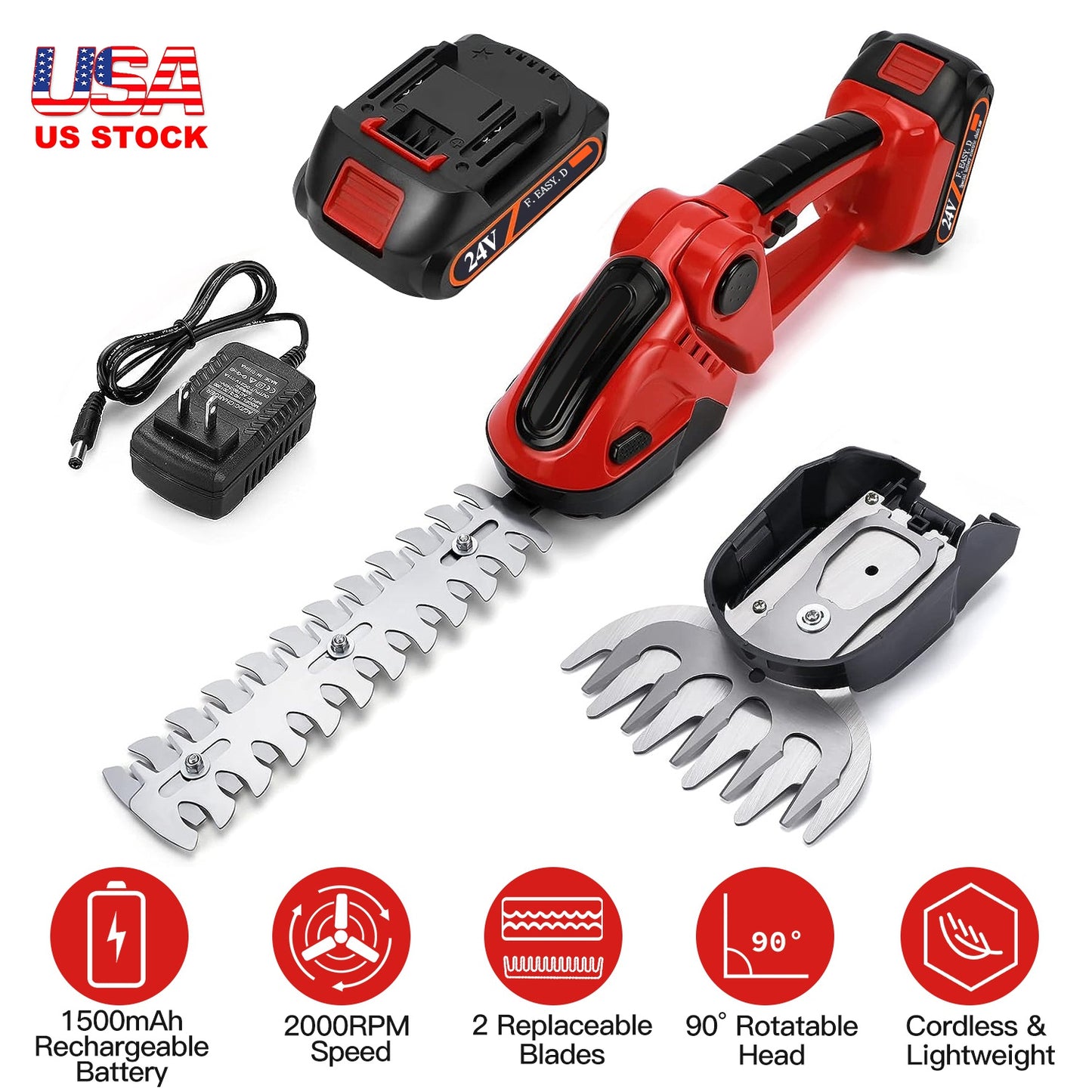24V Cordless Handheld Grass Shear Hedge Trimmer with 90¡ Cutting Angle 2Pcs Replaceable Blades Electric Shrub Trimmer Hedge Cutter with Detachable Bat
