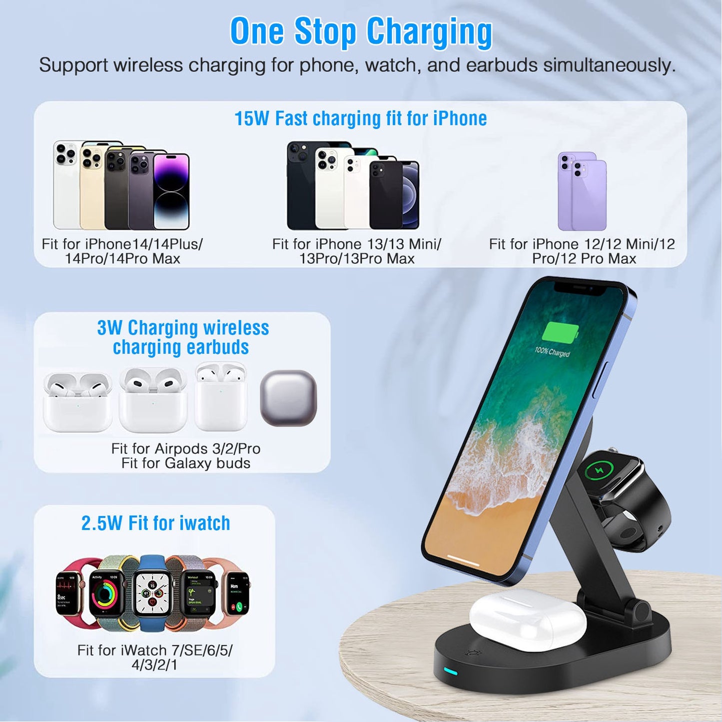 4 In 1 Magnetic Wireless Charging Station Dock Charger 15W Foldable Fast Charging Stand Fit for iPhone 13 12 Pro Pro Max Mini iWatch 7 6 5 4 3 2 1 Air