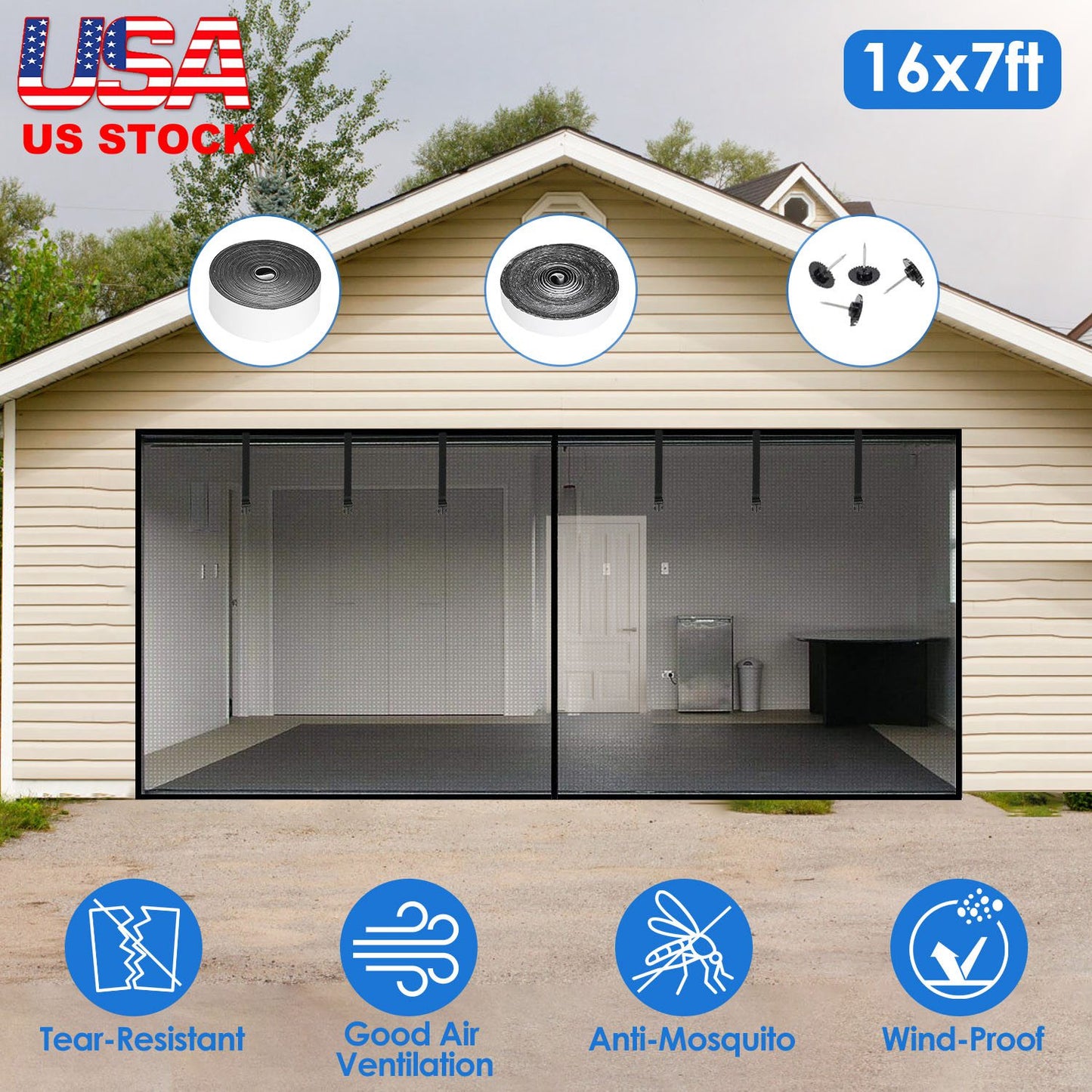 16x7FT Magnetic Garage Door Screen Two-Car Garage Screen Mesh Fiberglass Garage Net with Magnetic Closure 6 Buckle Straps for Two Cars