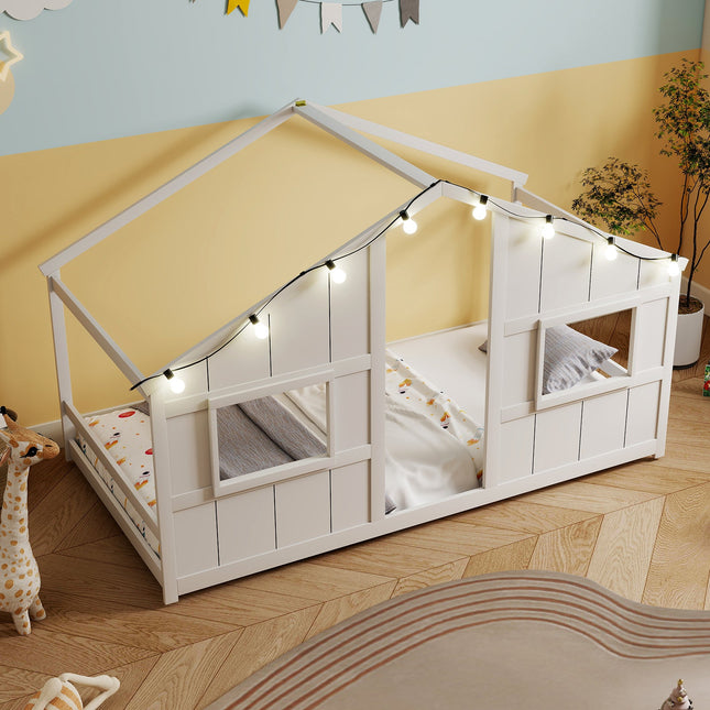 Twin Size House Bed with LED Lights Montessori Slat-free Floor Bed