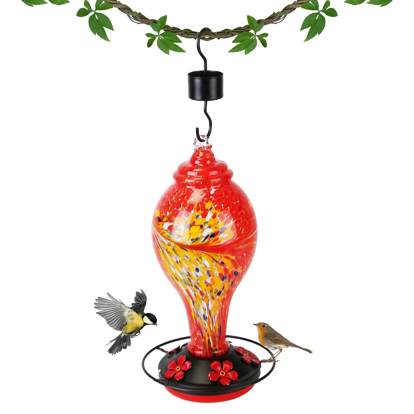Glass Hummingbird Feeder 33OZ Hand Blown Hummingbird Feeder with 5 Flower Feeding Port Perch Ant Moat Hanging Hook S Hook Hemp Rope Cleaning Brush for