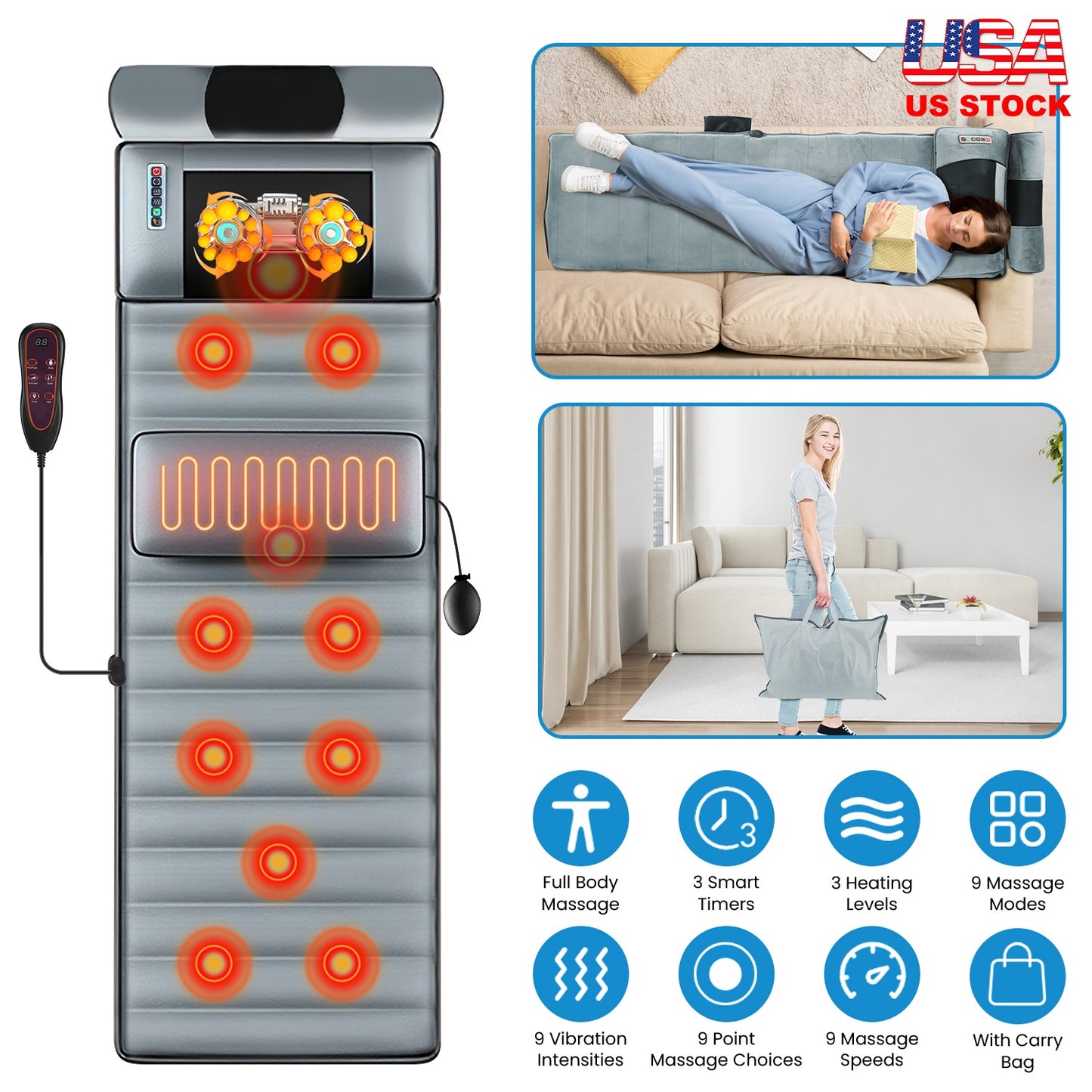 Full Body Electric Massage Mat with Heat Vibration Massage Pad Cushion Back Massage Mattress Chair Pad with Neck Massager Lumbar Pillow with 10 Vibrat