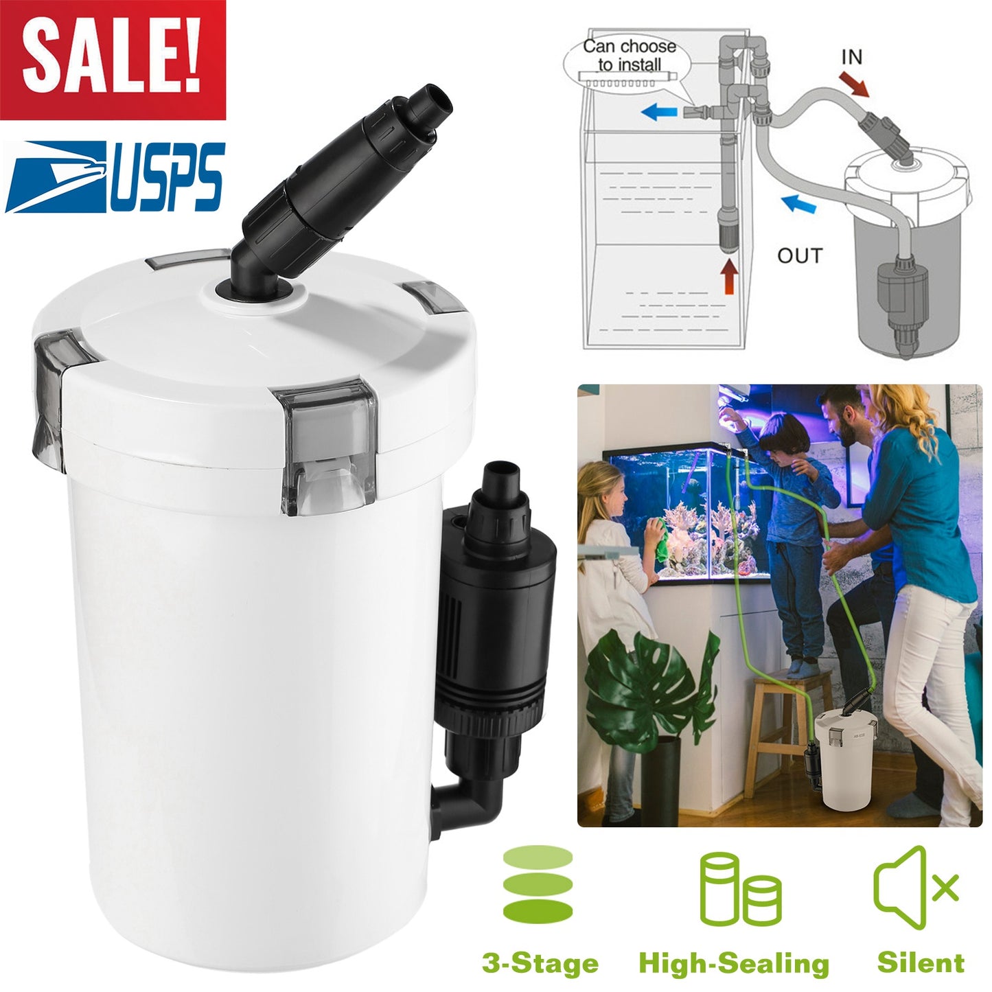 3-Stage External Canister Filter for 28 Gallon Aquarium Fish Tank 105gph 6W Easy Installation Silent