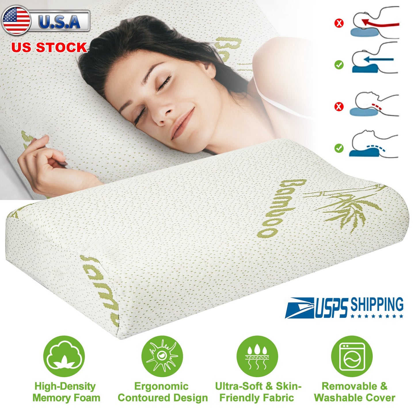 Bamboo Memory Foam Sleep Pillow Contoured Cervical Orthopedic Pillow Neck Support Breath Pillow