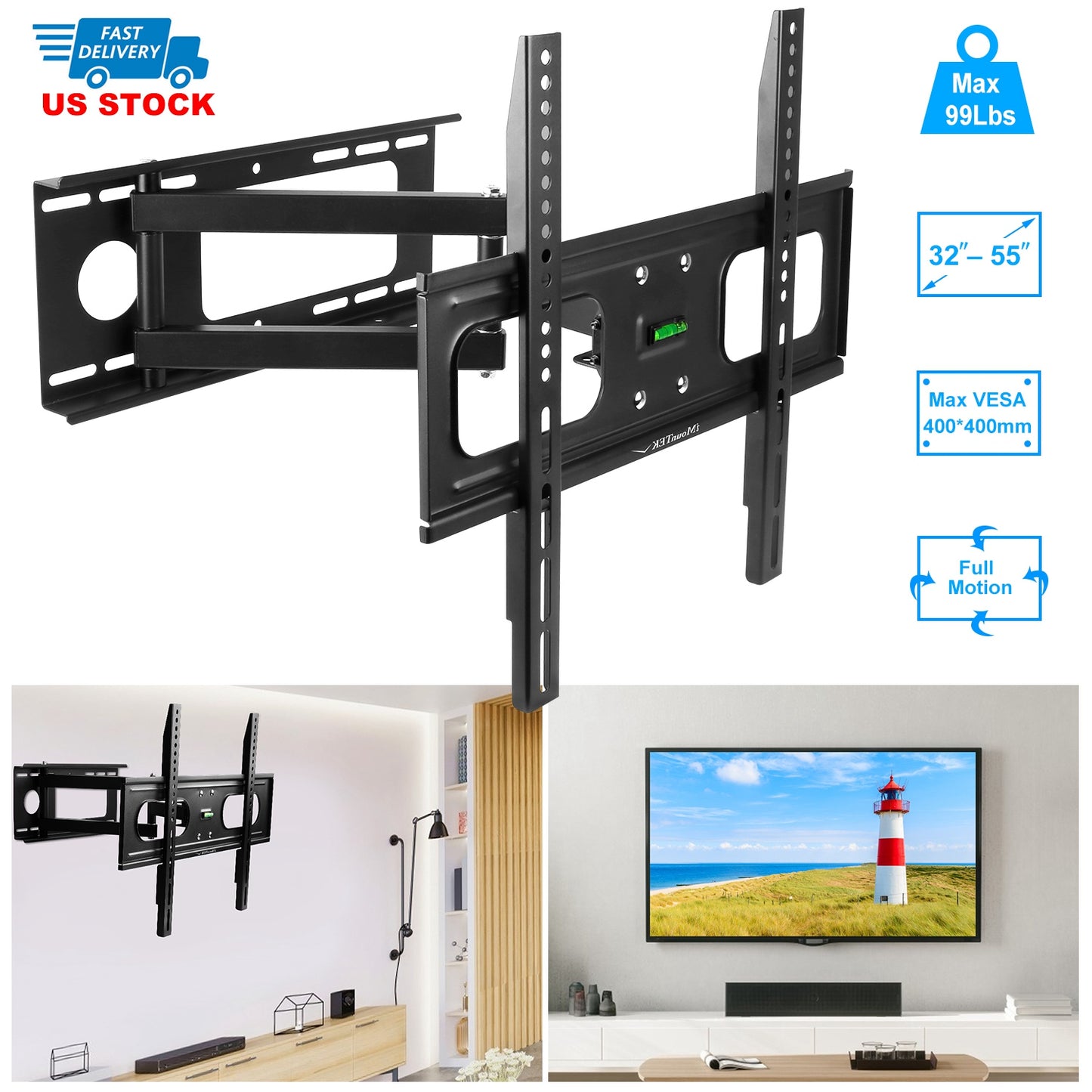 TV Wall Mount Swivel Tilt Full-Motion Articulating Wall Rack For 32in-55in TVs 99lbs Max Bearing Support VESA Up To 400x400mm