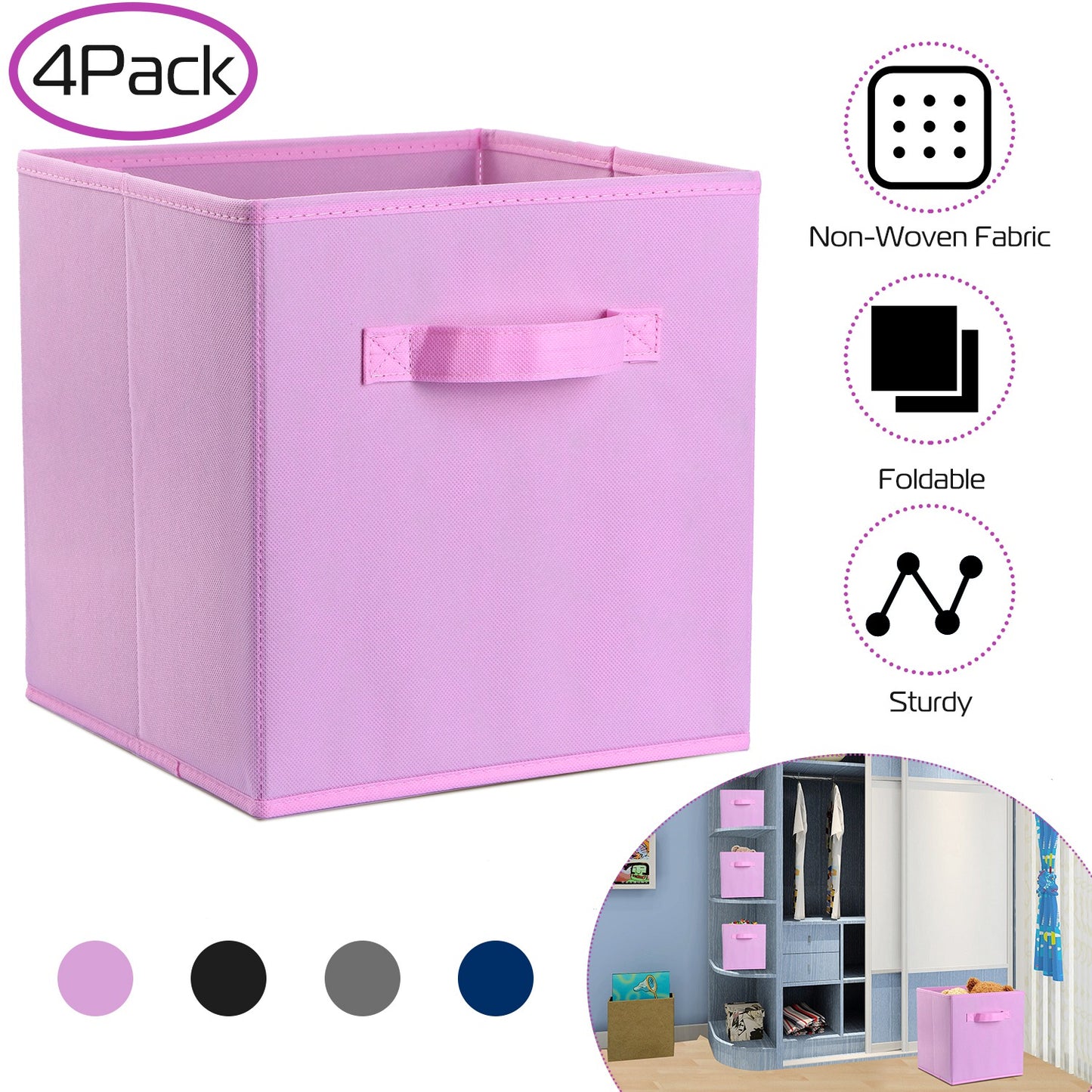 iMounTEK 4 Pack Foldable Storage Cube Bins Cloths Closet Space Organizer Basket Shelves Box for Clothes Toys Books Cabinet