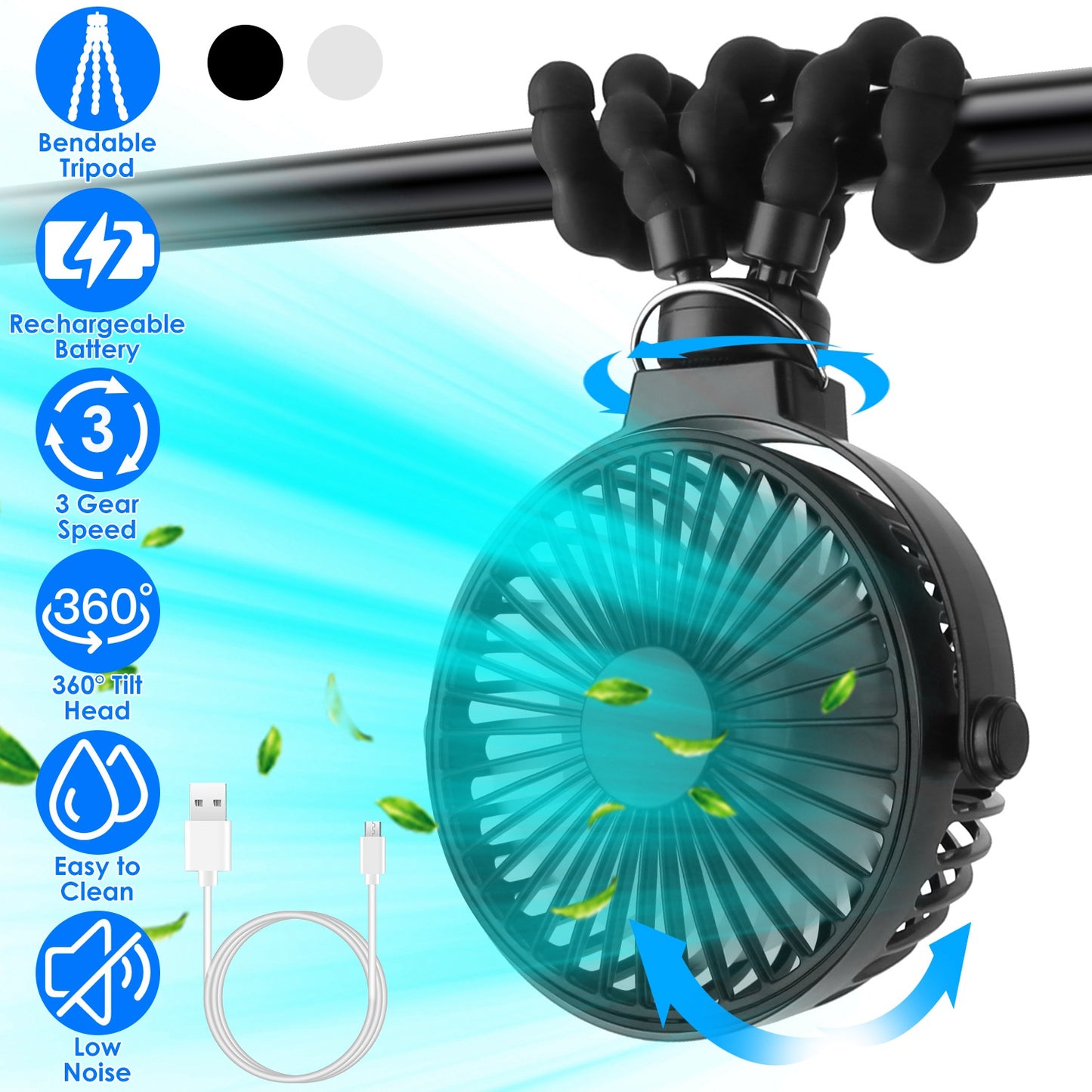 Portable Baby Stroller Fan Rechargeable Handheld Fan with Flexible Tripod Clip On Desktop Hanging Fan 3 Gear Speed 360¡ Tilt Head