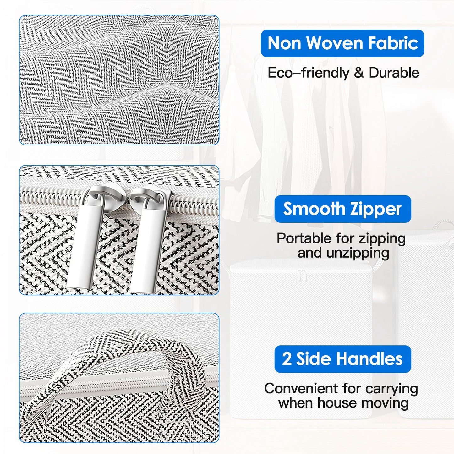 4 Pack Foldable Non Woven Storage Bags Closet Organizers Wardrobe Sorting Baskets with 2 Handles Dustproof Lid Zipper for Clothes Quilt 30L 110L 150L