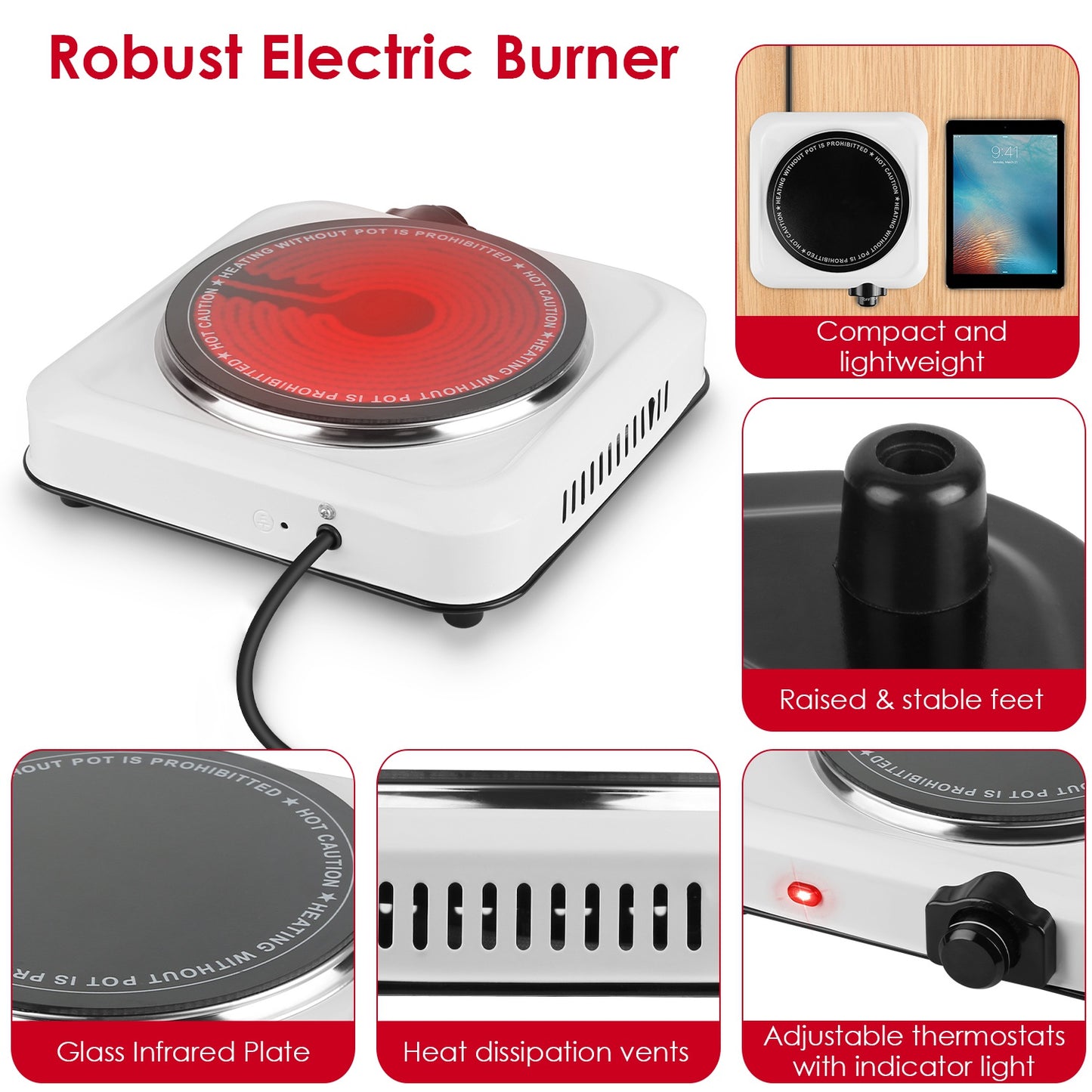 1000W Infrared Hot Plate – Portable Single Burner with Glass Cooktop