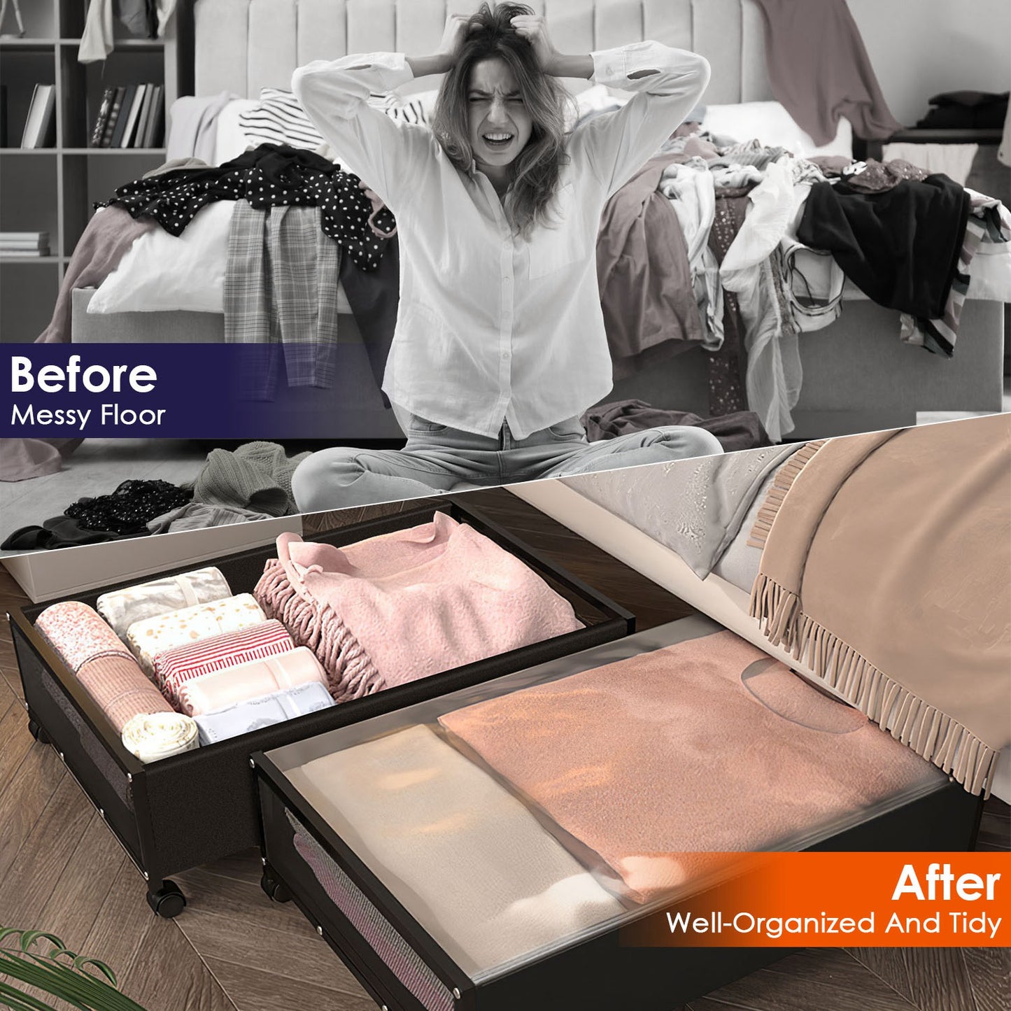 2Pcs Under Bed Storage Containers with 360¡ Rotatable Wheels Visible Dustproof Cover Under Bed Drawer with Clear Window Bedroom Storage Organizer