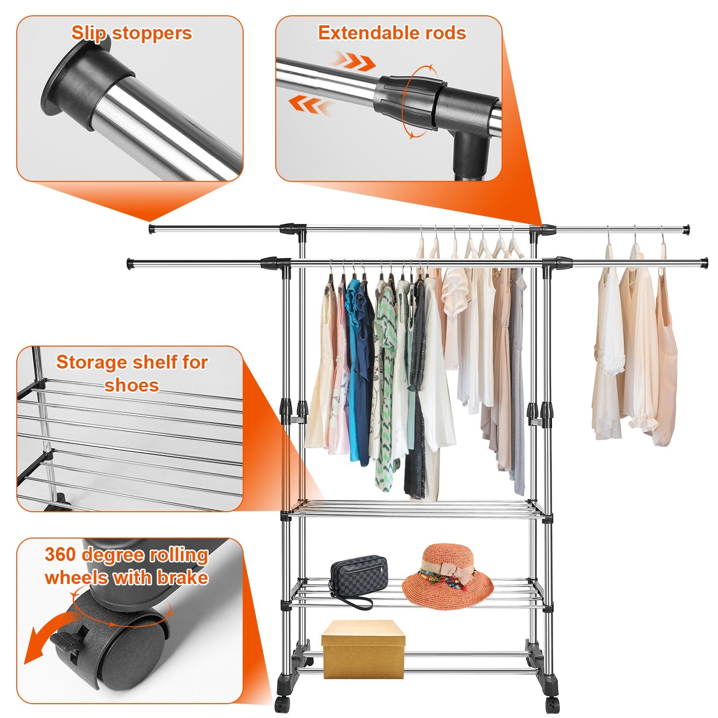 Extendable Garment Hanging Rack Clothing Hanging Rail Pillow Shoe Display Organizer w/ Rolling Wheels Hold up to 77LBS