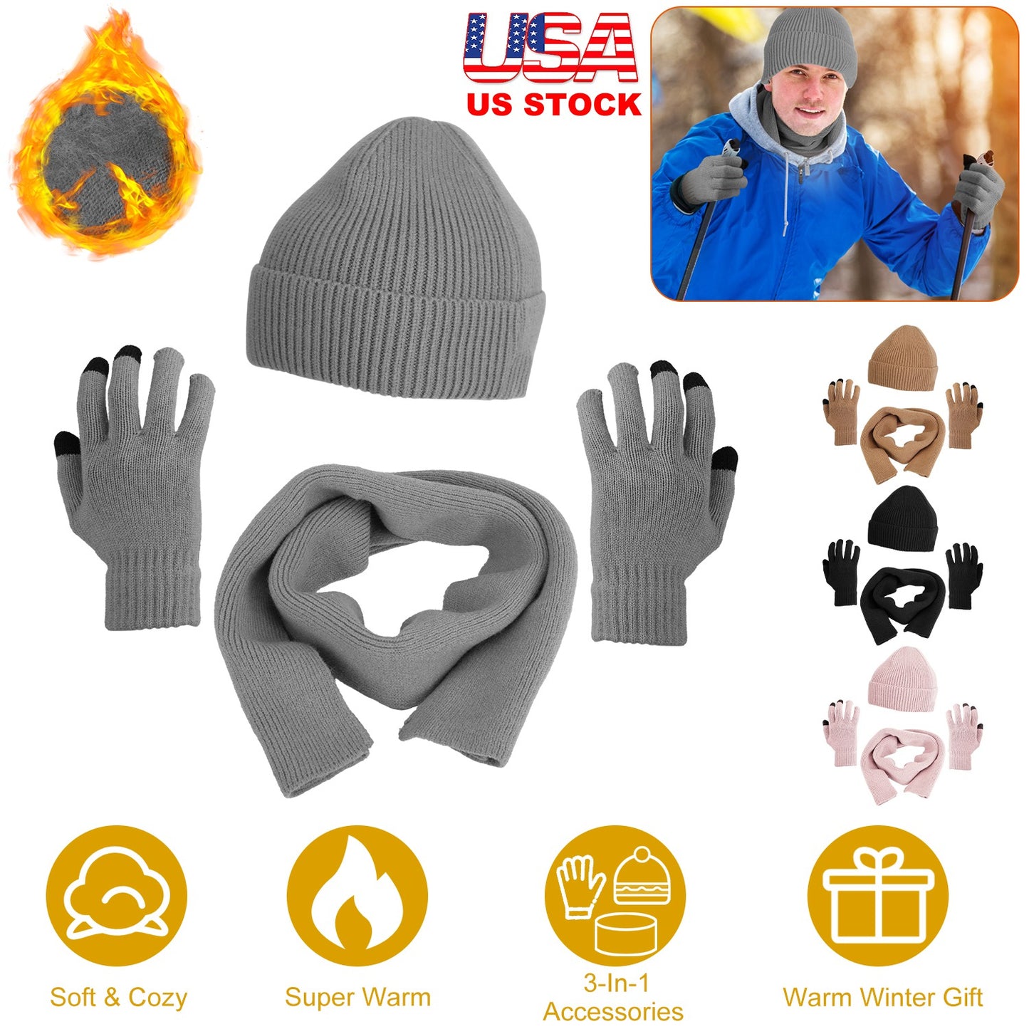 Winter Knitted Hat Scarf Gloves 3Pcs Winter Warm Beanie and Touch Screen Gloves Long Neck Scarf Set Knit Beanie Skull Cap Neck Warmer Anti-Slip Mitten