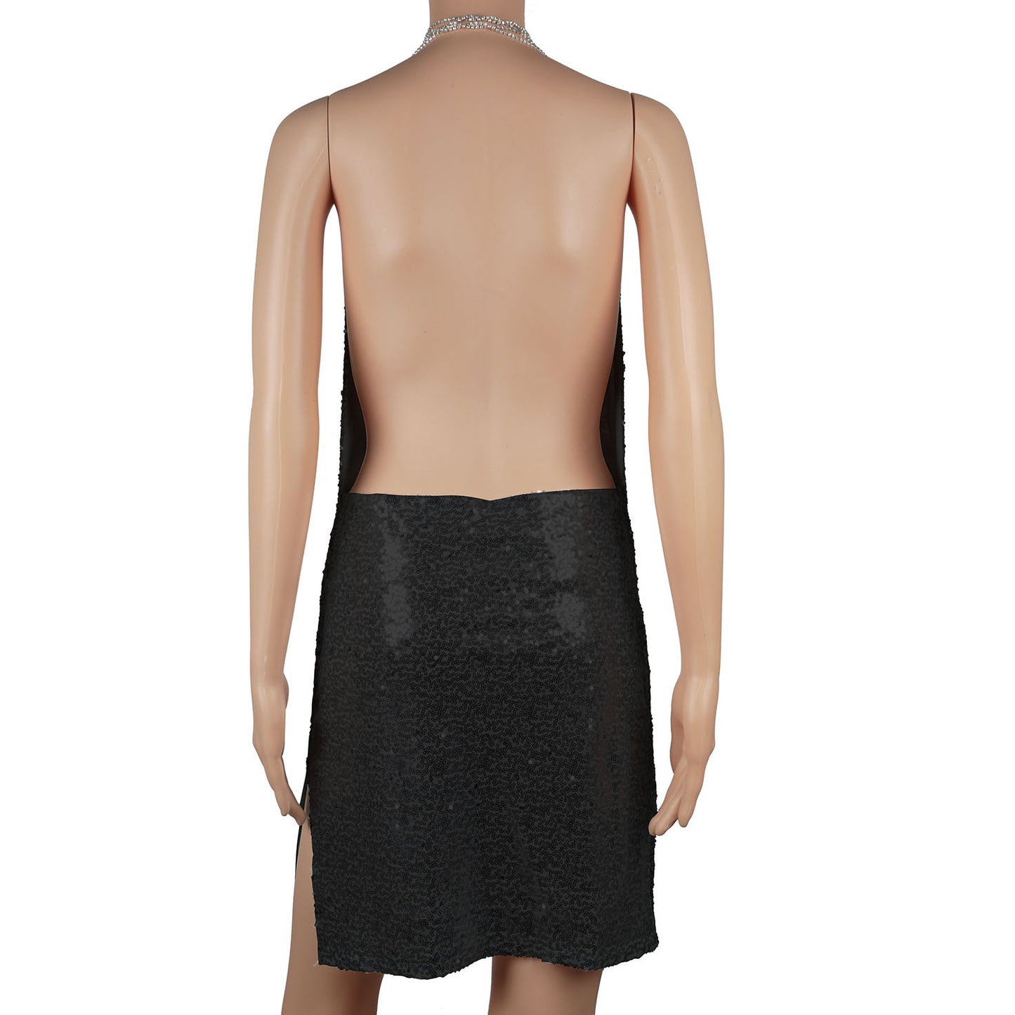 Sexy Women Chained Side Slit Backless Minidress With Sequins