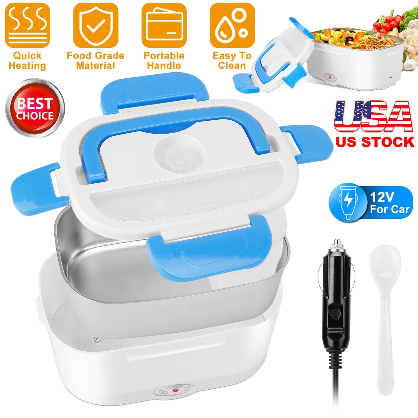 Electric Heating Lunch Box Food Heater Container Travel Thermal Bento Box Portable Food Warmer w/ 2 Removable Compartments 1 Free SpoonÊ1L
