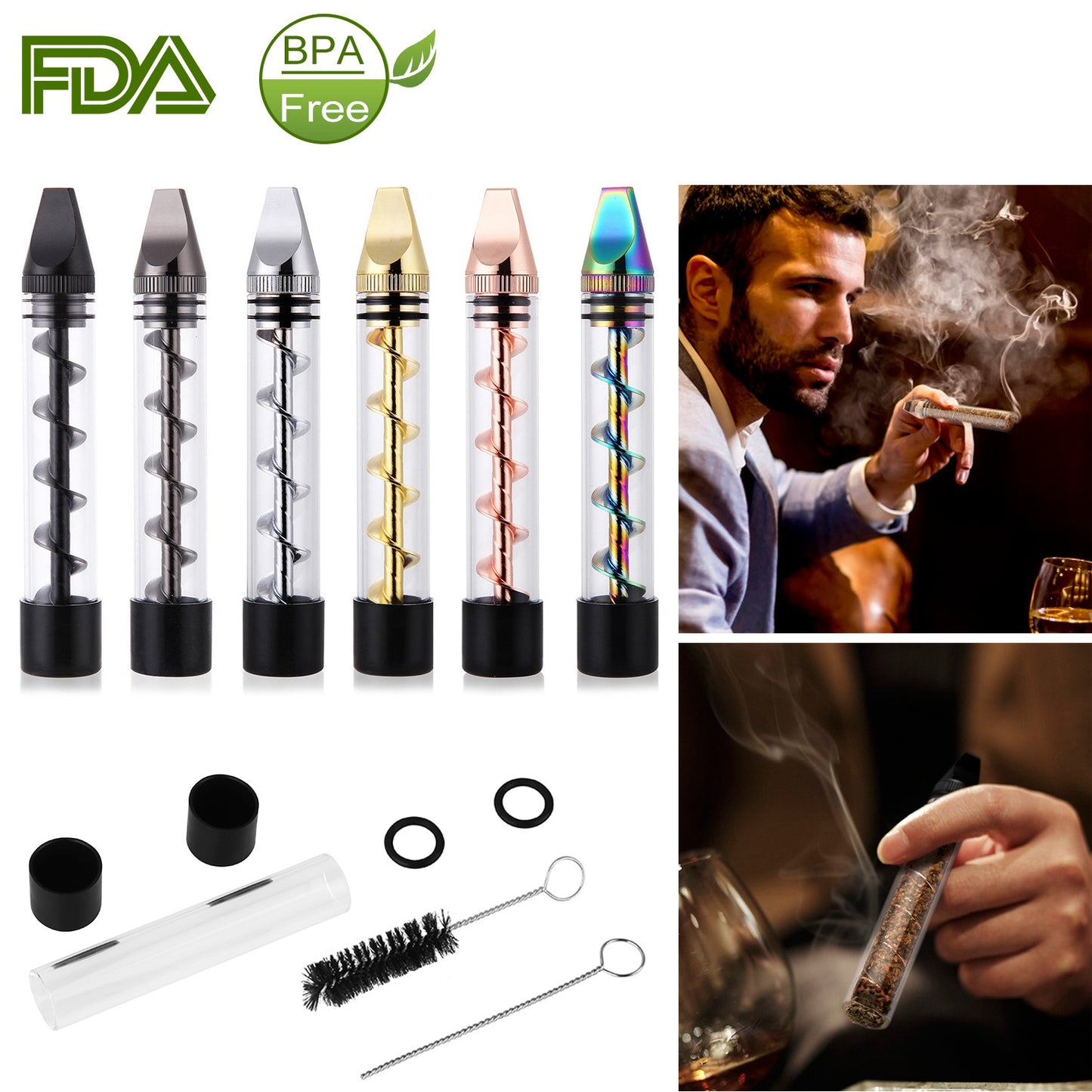 Glass Blunt Pipe Twisty 7-in-1 Grinder Blunt Kit w/ Smoking Metal Tip Cleaning Brush