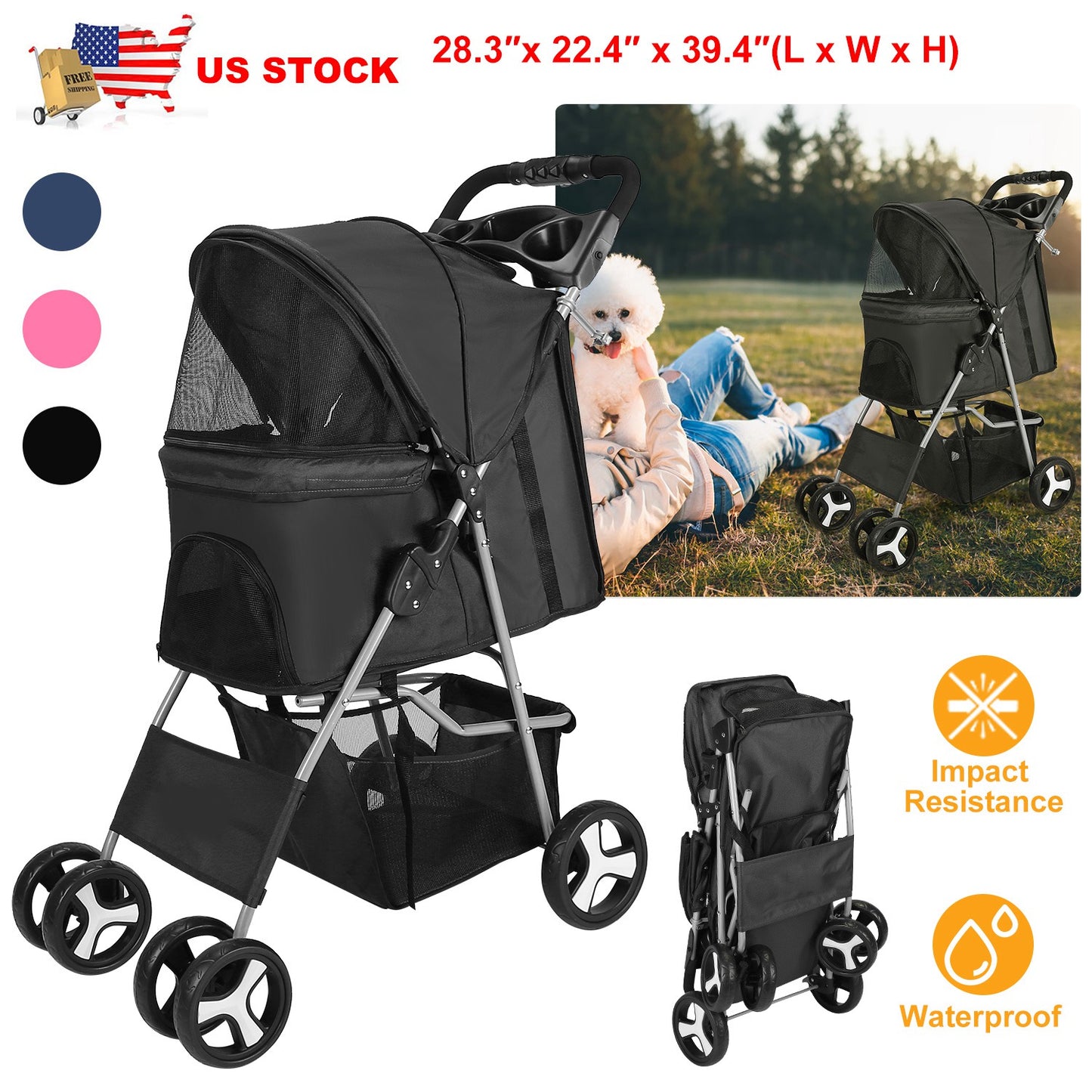 4 Wheels Pet Stroller Foldable Carrier Strolling Cart Travel Jogger Pet Stroller with Removable Liner Storage Basket for Dog Cat