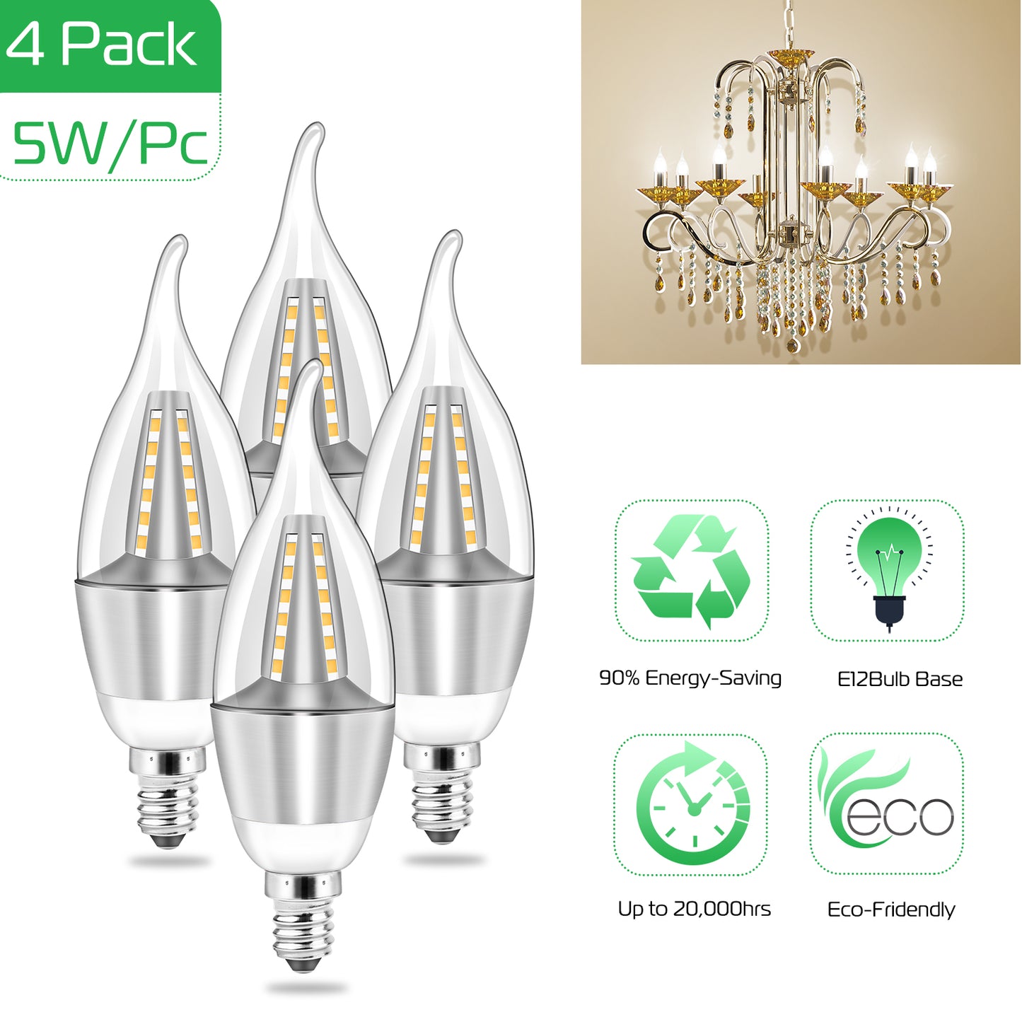 4pcs 5W E12 Candelabra Bulbs 600 LM 50W Equivalent Candle Flame Tip Light Bulb 6500K Cold White Non-Dimmable Lamp