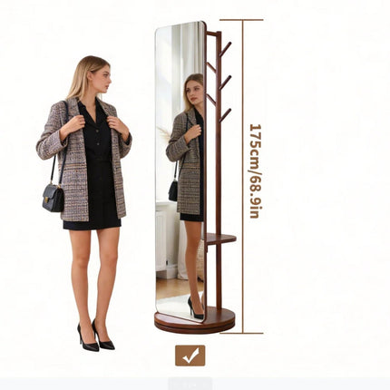 Full Length Rotating Mirror with Coat Rack & Storage Shelf