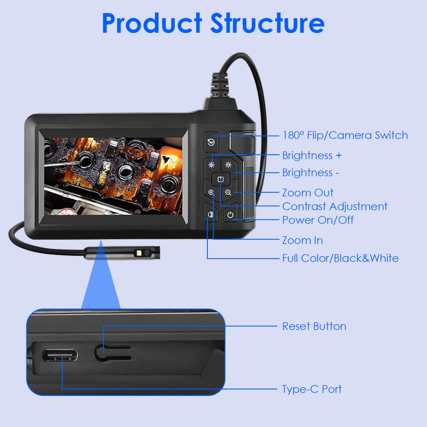 1080P Dual Lens Endoscope Camera with 8 LED Light 8mm Borescope Inspection Camera 4.3Ó Colorful Screen IP67 Waterproof 16.4FT Semi-Rigid Cord Handheld
