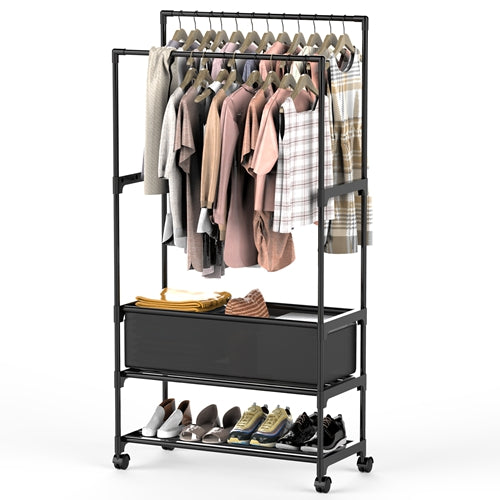 Double Rod Garment Rack – Adjustable, Portable with Shelves & Wheels