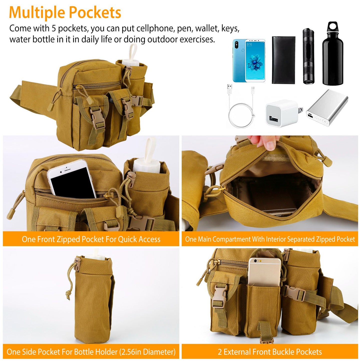 Tactical Waist Bag Utility Pouch Military Hiking Belt Bag w/ Water Bottle Pouch For Fishing Mountaineering Camping Hunting Running Outdoor