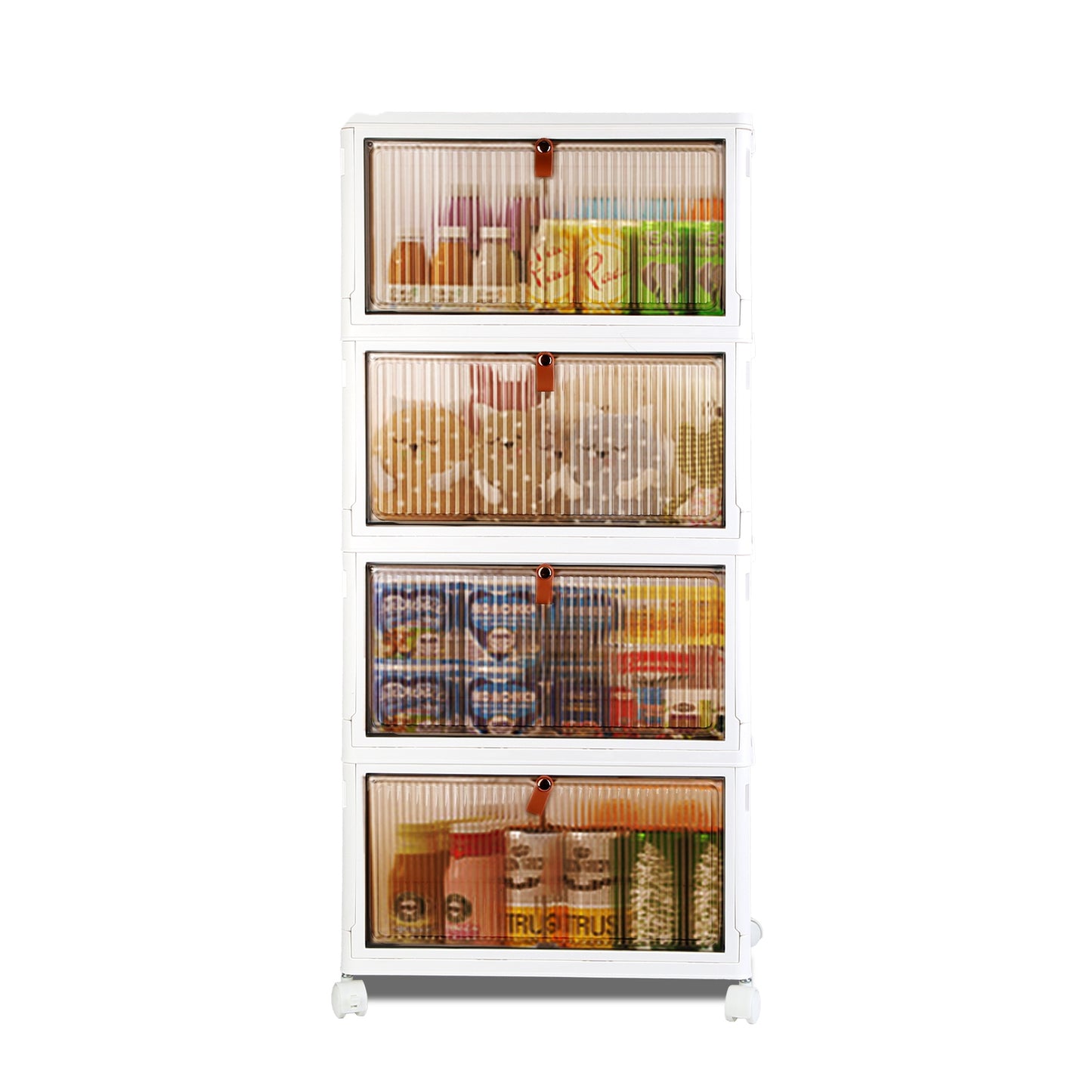 4-Tier Foldable Storage Bins with Lid Front Magnetic Door Collapsible Stackable Closet Organizer Containers with 4Pcs 360¡ Rotatable Wheels