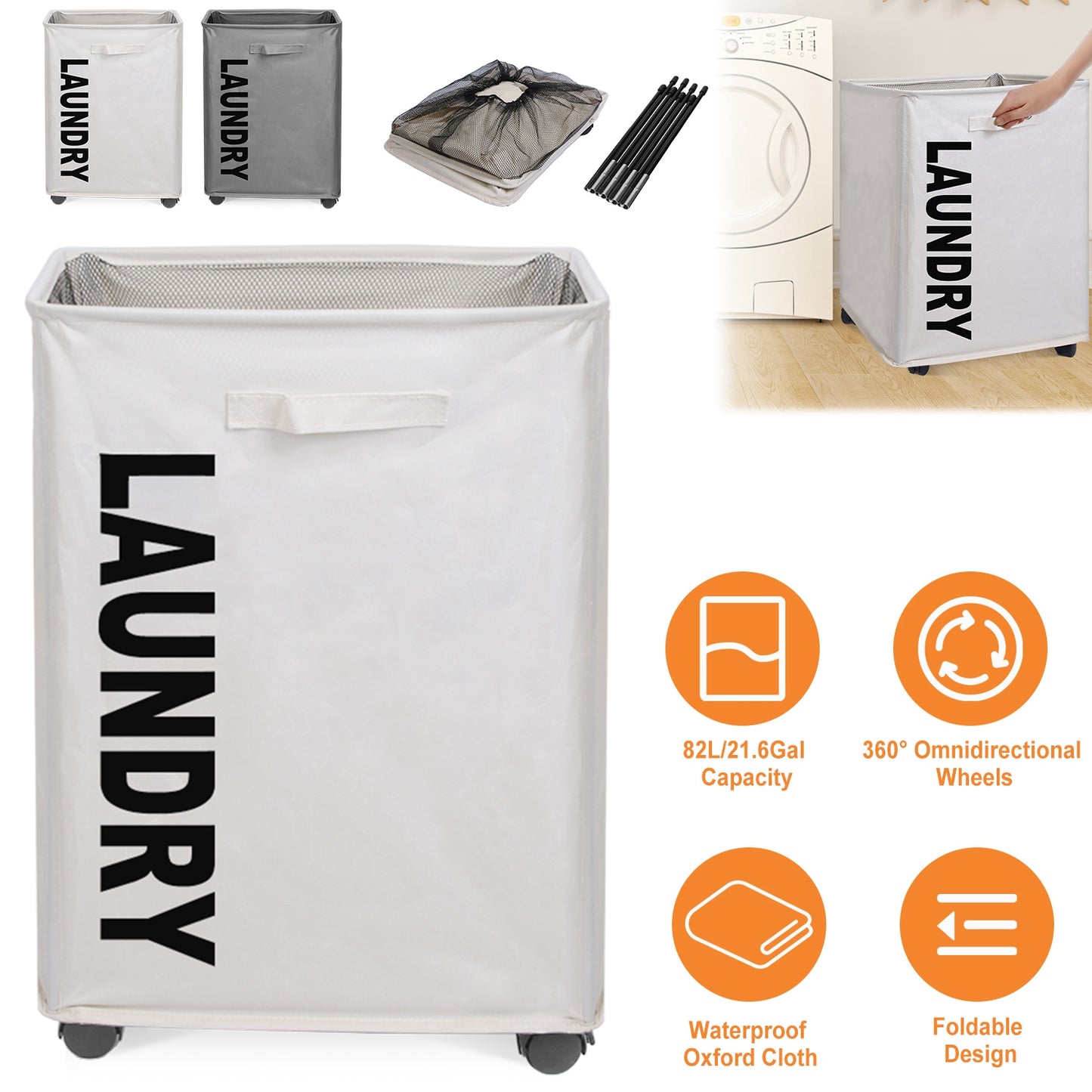 82L/21.6Gal Large Rolling Laundry Hamper Collapsible Tall Laundry Basket with Wheels Waterproof Dirty Clothes Cart with Handle Foldable Clothes Organi