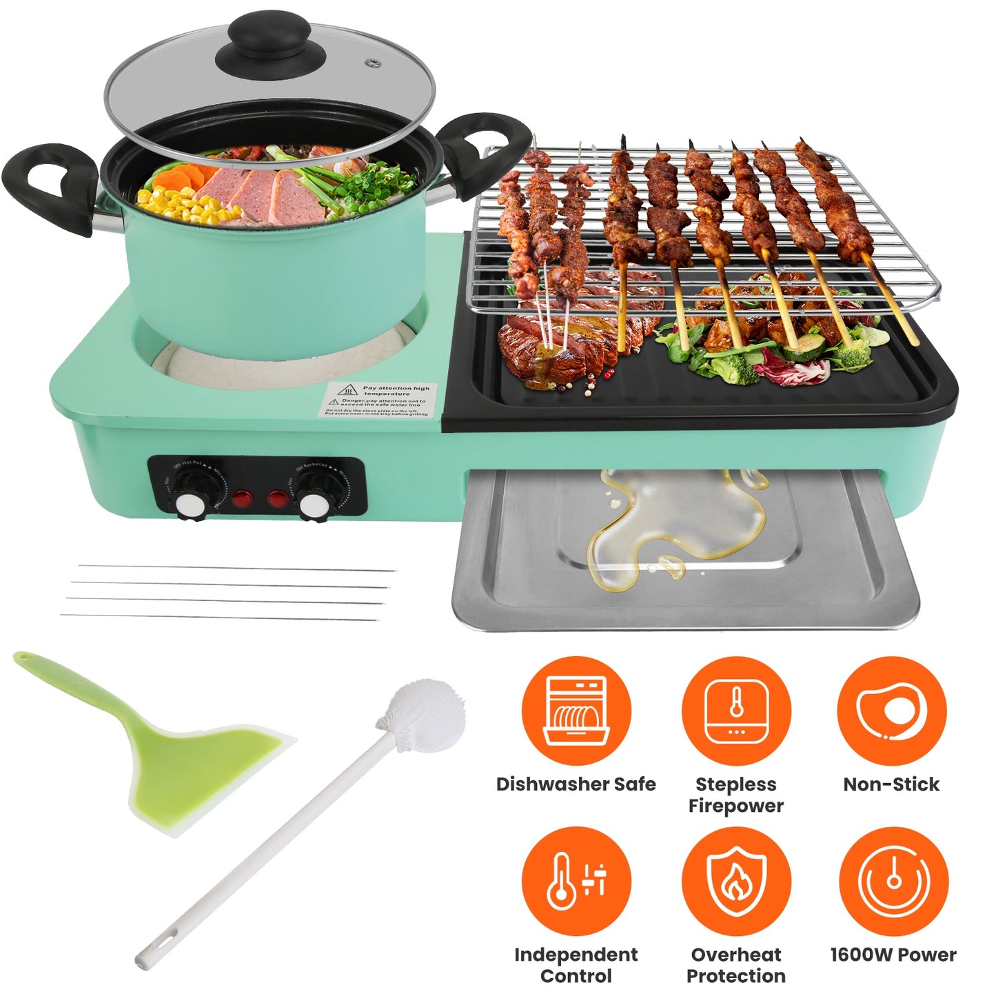 3 in 1 Electric Hot Pot with Grill 1600W Smokeless Non-Stick Korean BBQ Grill Shabu Shabu Hot Pot Combo with Independent Temperature Control for 3-5 P