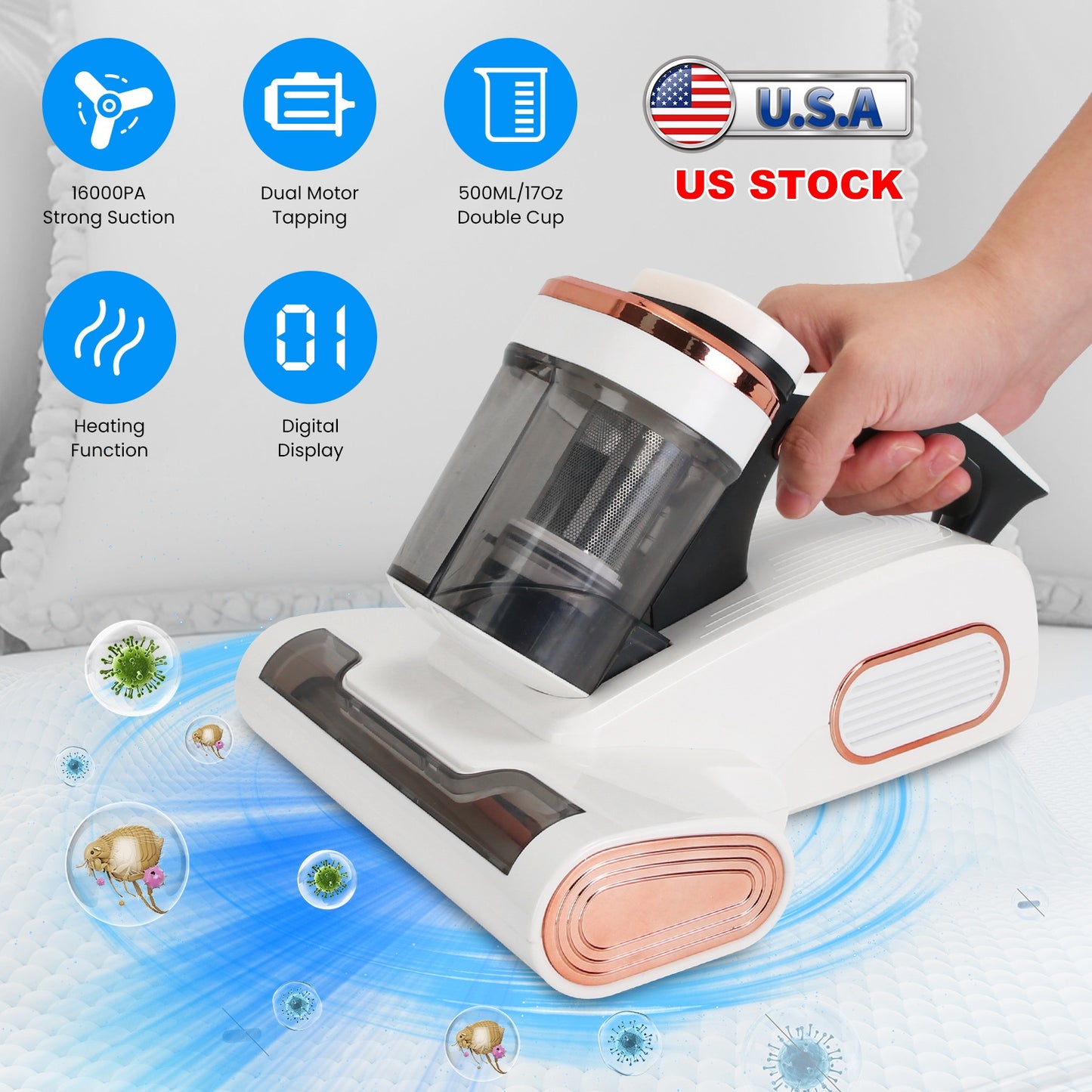 16000PA Double-Cup Bed Vacuum Cleaner 500W Mattress Handheld Vacuum Dust Mites Remover with Heating Function for Bed Sofa Rug