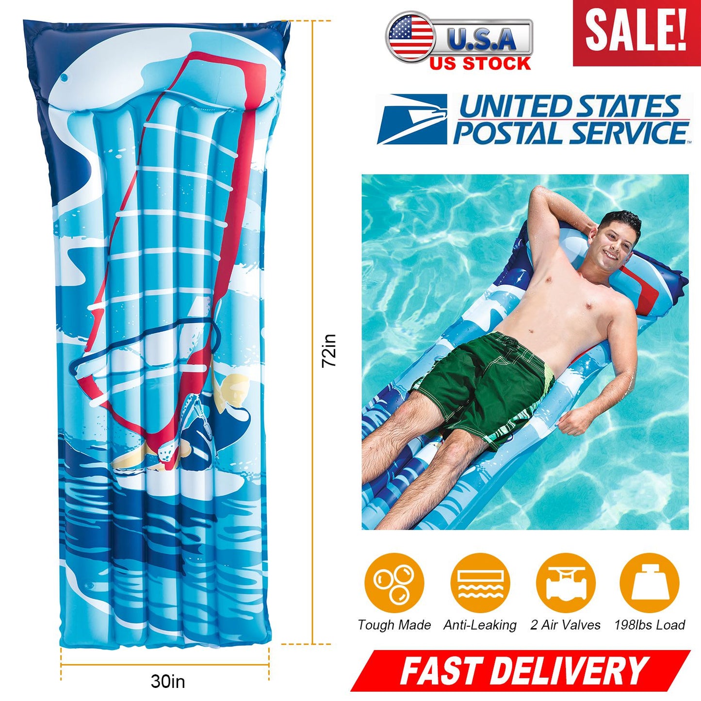 72" Inflatable Pool Float Raft Float Lounge Swimming Pool Mat with Pillow Air Mat Mattress for Adults & Kids