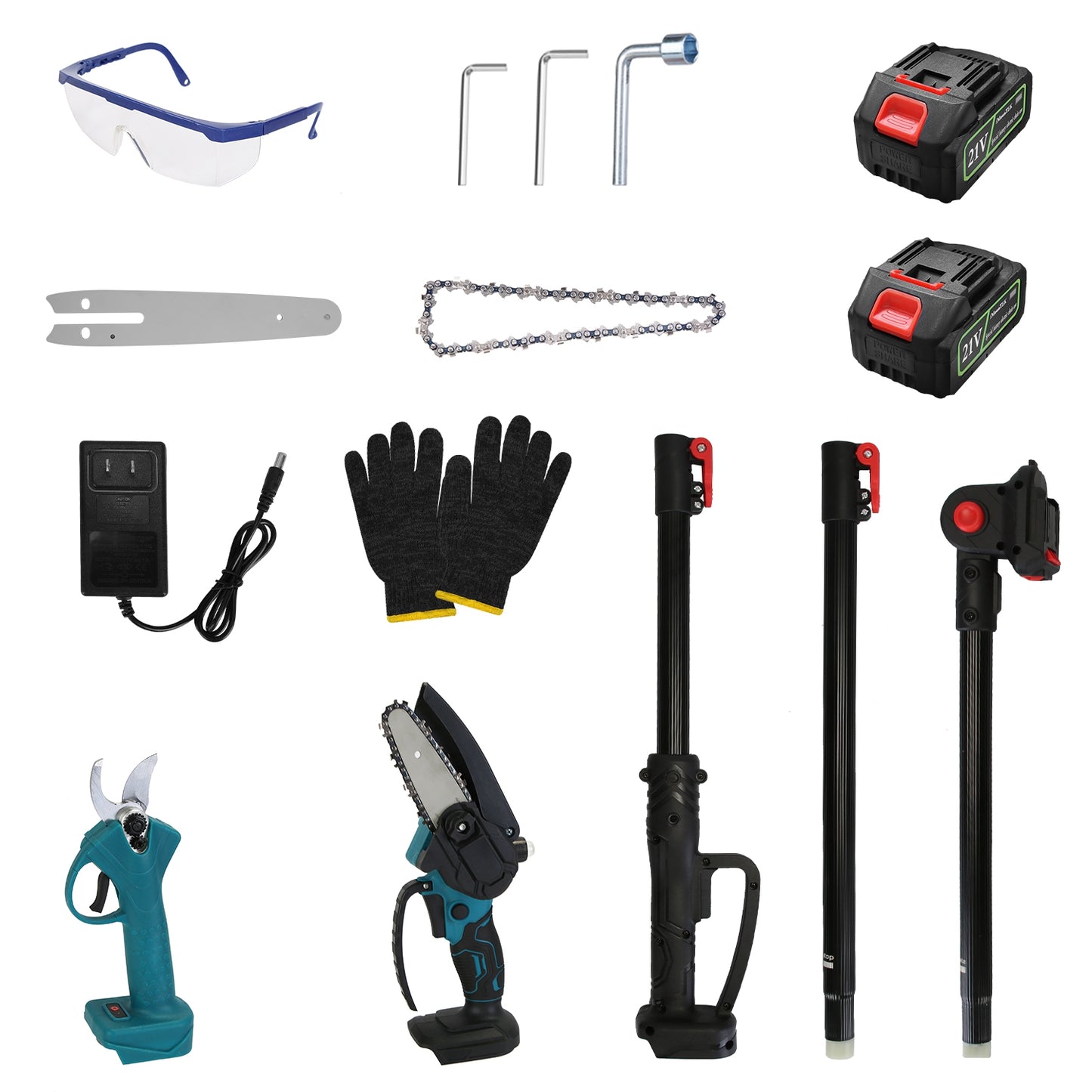4 in 1 Cordless Pruning Shear and Electric Chainsaw With Max 5.5FT Extension Poles 4Ó/6Ó Pole Saw SK5 Blade Brushless Pruning Shear With 2Pcs 3.0Ah Ba