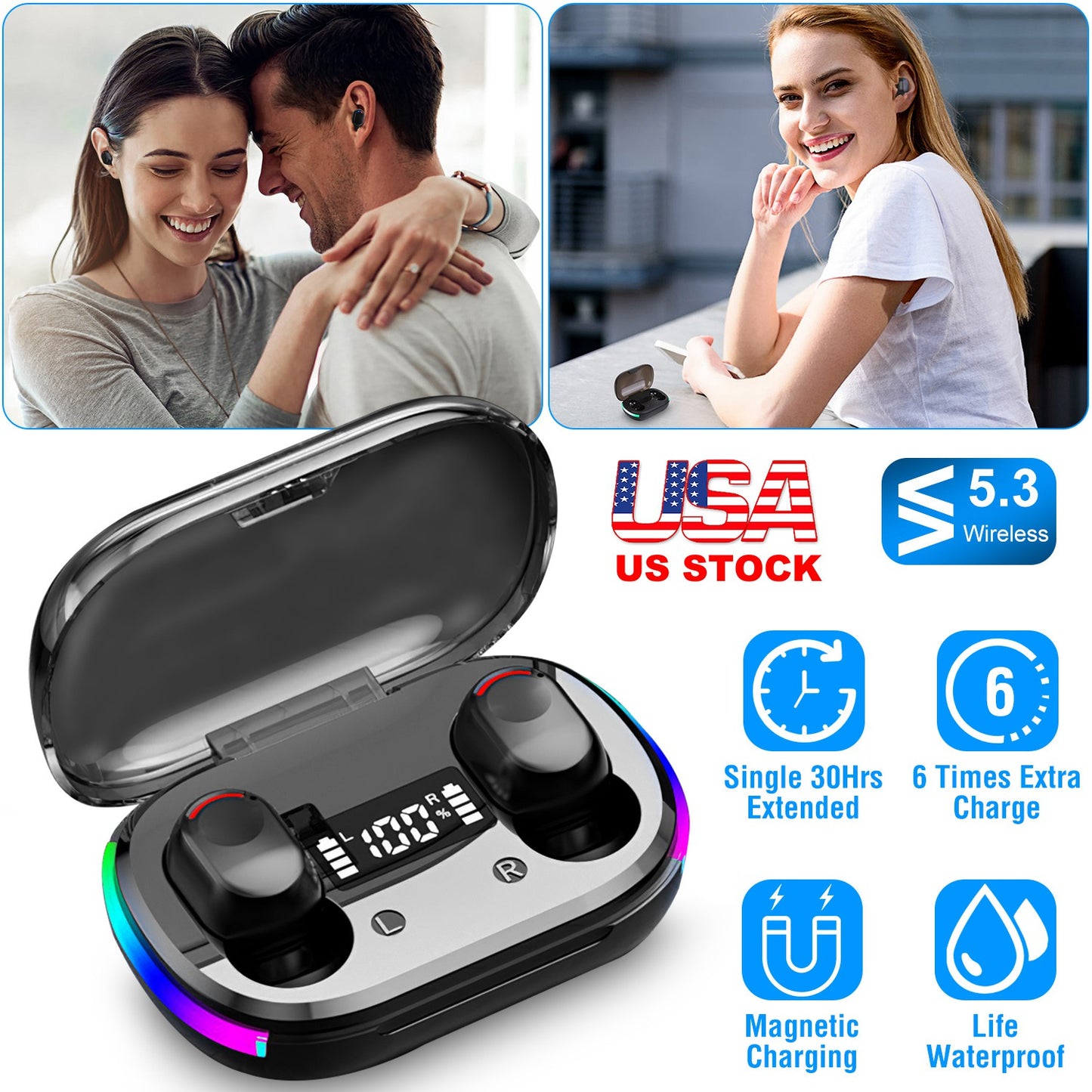 Wireless V5.3 TWS Earbuds In-Ear Stereo Headset Earphone Earpiece with Microphone Magnetic Charging Dock for Driving Working Traveling