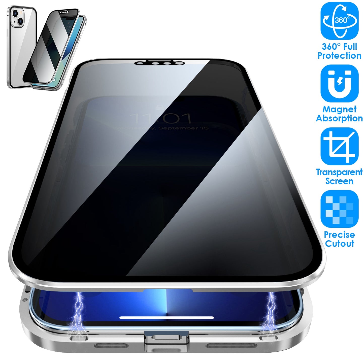 Privacy Magnetic Phone Case 360¡ Full Protection Anti Spy Phone Cover Double Sided Tempered Glass Magnet Absorption Fit for IOS Phone 12Pro Max