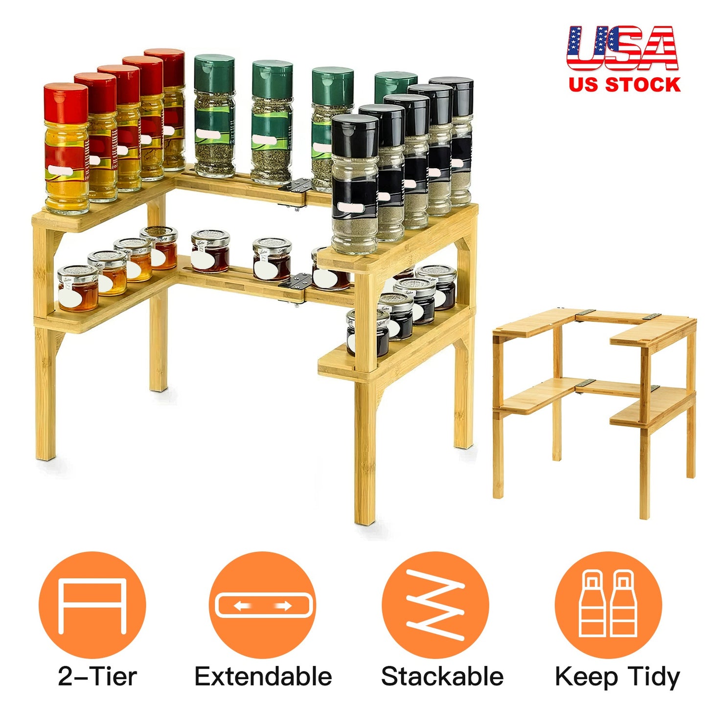 2-Tier Kitchen Spice Rack Expandable Bamboo Spice Organizer Cabinet Stackable Seasoning Organizer Extendable Spice Jar Rack for Countertops Pantries C