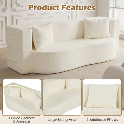 75.5 inch Folding Sofa Bed 2-in-1 Convertible Teddy Fleece Floor Loveseat with 2 Comfortable Pillows