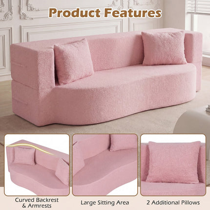 75.5 inch Folding Sofa Bed 2-in-1 Convertible Teddy Fleece Floor Loveseat with 2 Comfortable Pillows