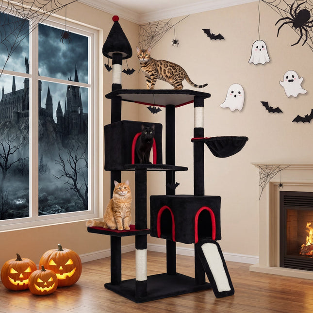75 Inch Gothic Cat Tree with 2 Condos and Top Perch for Large Cats 20+ LBS