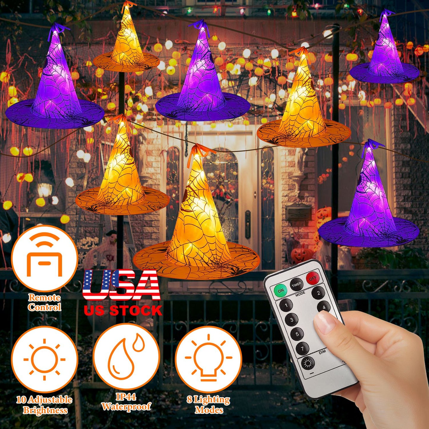 8 Pack 13FT Witch Hat Hanging String LED Light Halloween Decoration Battery Powered Remote Control 8 Lighting Modes Glowing Outdoor Indoor Halloween P