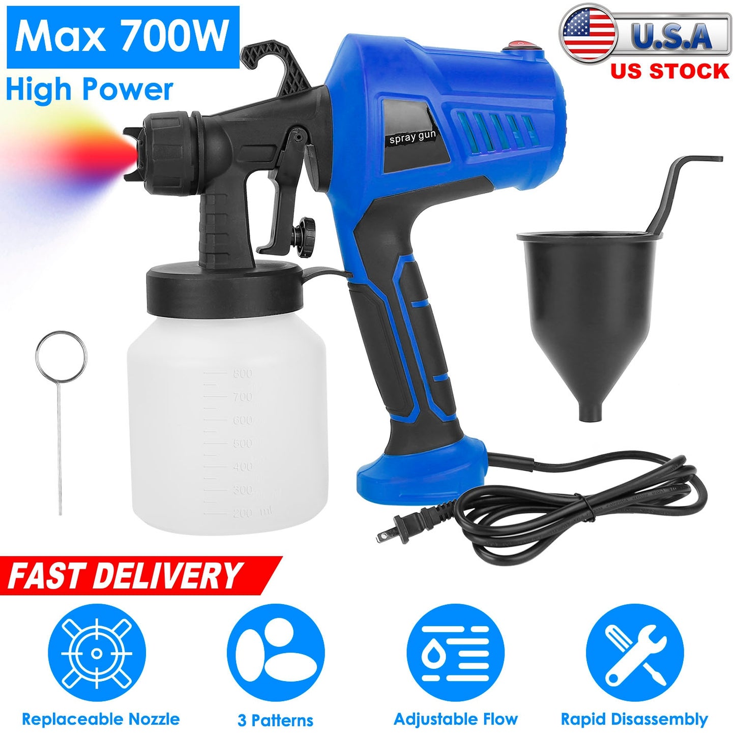 700W Electric Paint Sprayer Handheld HVLP Spray Painter Painting Spray Gun For Fences Brick Walls w/ 3 Spray Patterns 800ML Detachable Cup