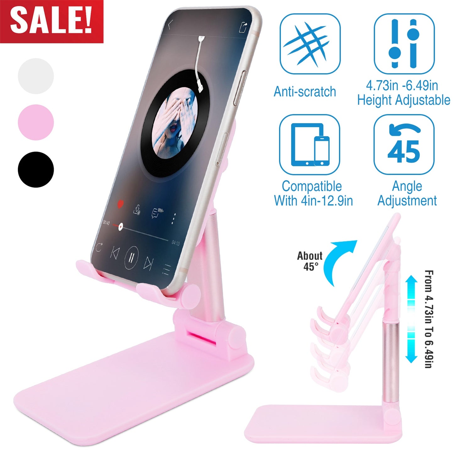 Foldable Desktop Phone Stand Angle Height Adjustable Tablet Holder Cradle Dock w/ Mirror Fit For 4-12.9in Device