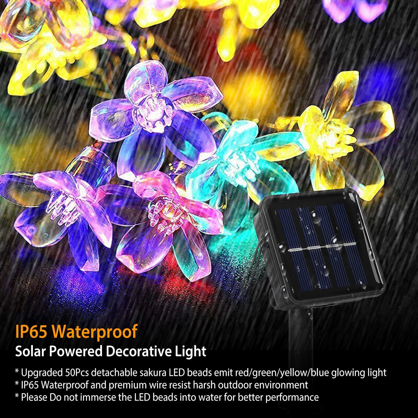 2Pcs Solar Powered String Lights 50LED Beads Fairy Sakura Flower Blossom Lights IP65 Waterproof Colorful Decorative Party Christmas Tree Lamps w/ 8 Li