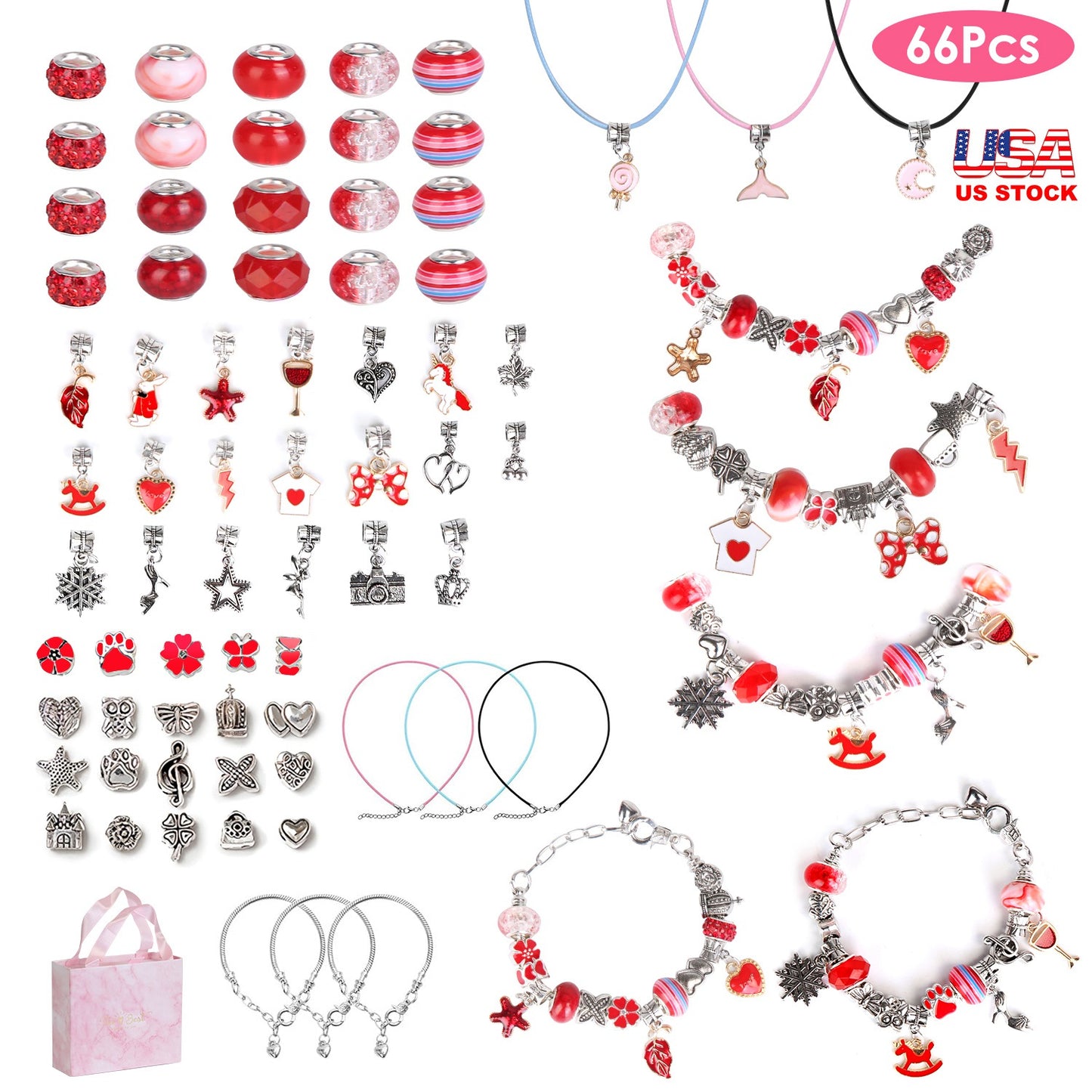 66Pcs Charm Bracelet Making Kit Kids\' Jewelry Necklace Making Kits Colorful DIY Charm Beads Pendant SetÊJewelry Decor Supplies with Gift Box for 5-12