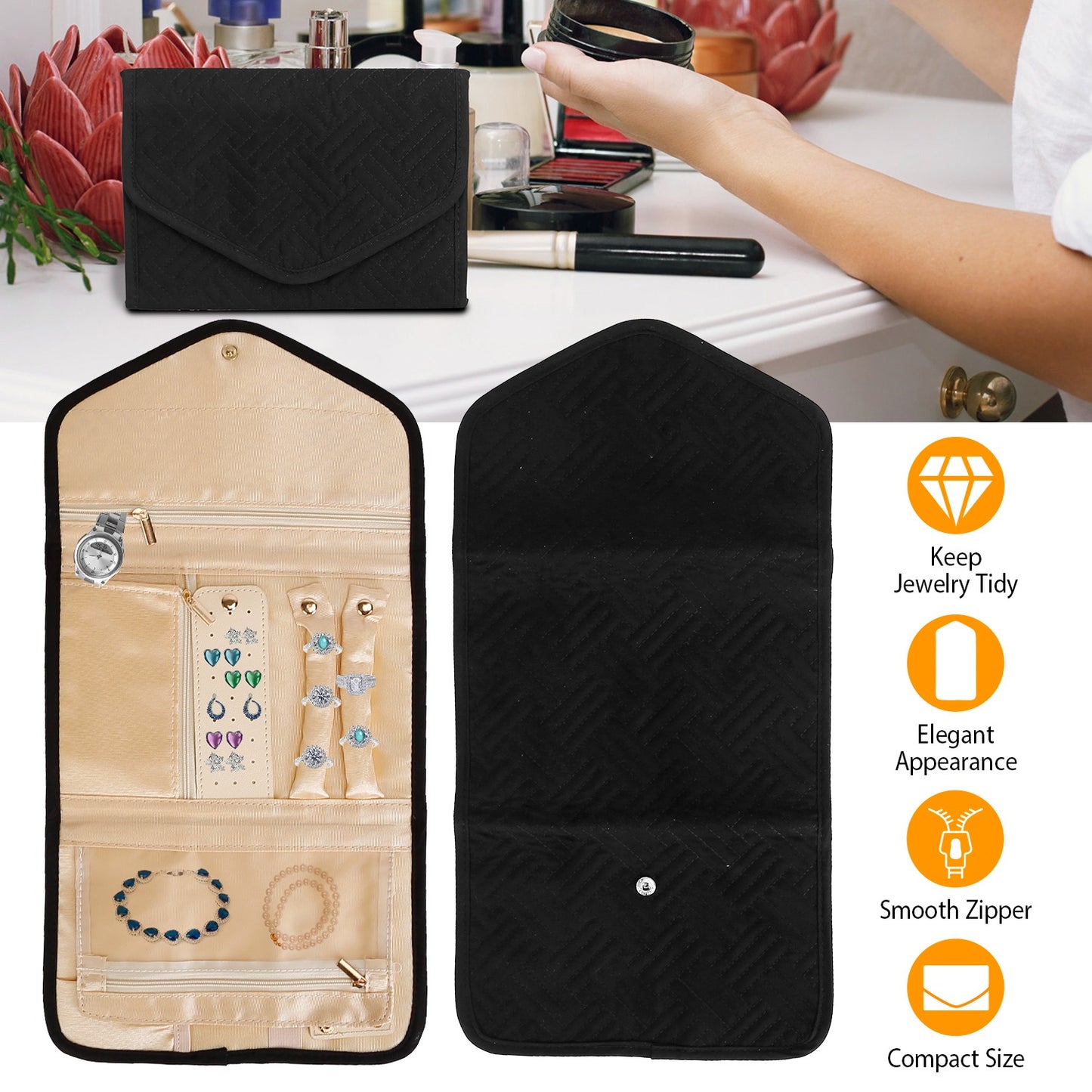 Travel Jewelry Organizer Case Foldable Jewelry Roll Storage Bag for Journey-Rings Necklaces Earrings Bracelets