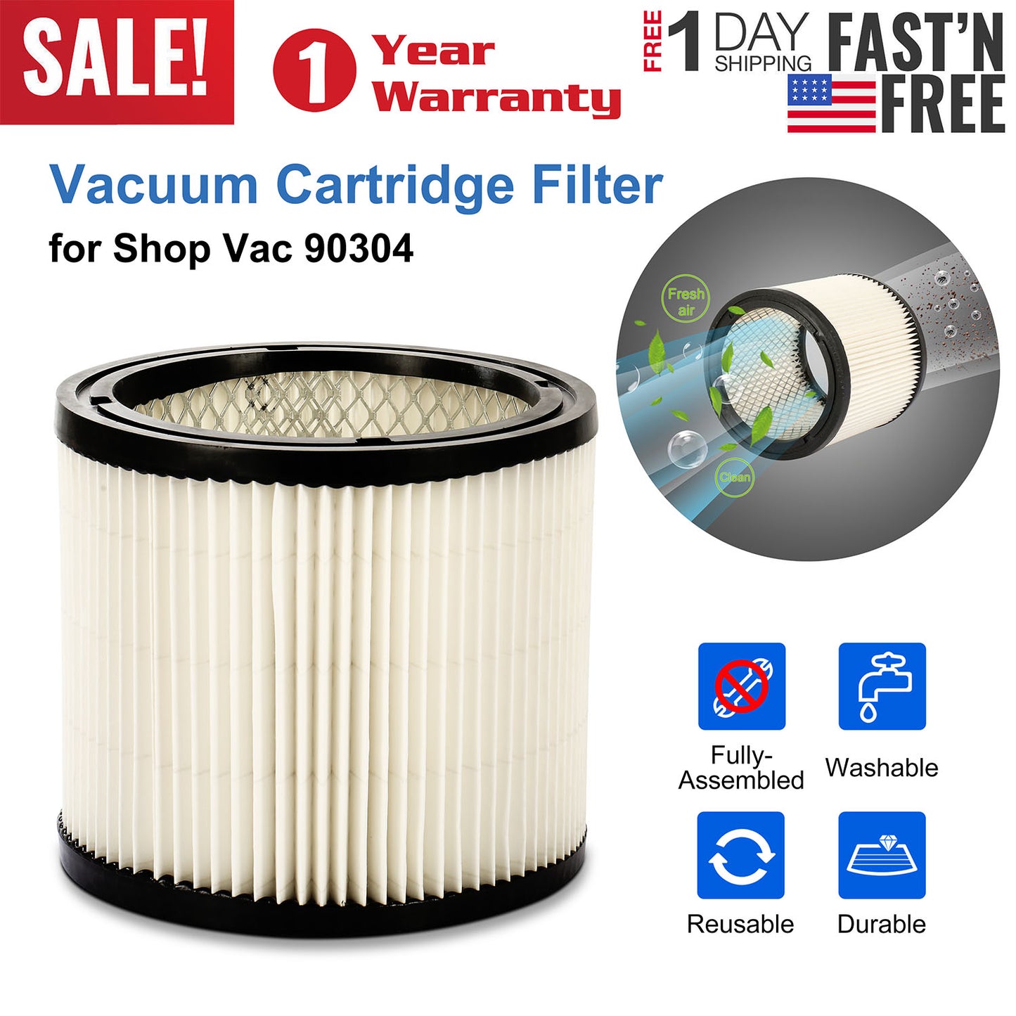 Vacuum Cartridge Filter Replacement Fits for Shop Vac 90304 9030400 Wet Dry Replace