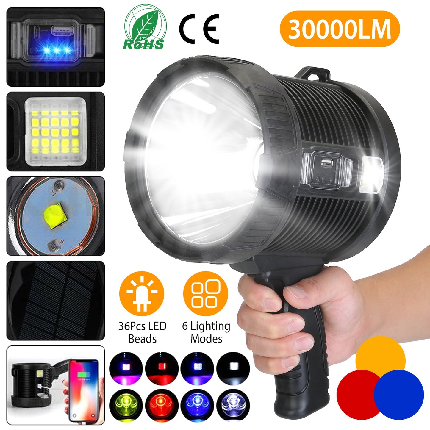 30000LM Rechargeable LED Searchlight IPX6 Waterproof Portable Handheld Spotlight Flashlight with 3 Color Filter Lens 6 Lighting Modes