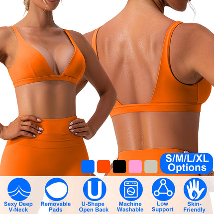 Women Deep V-Neck Sports Bras U-Shaped Back Sport Bras Padded Strappy Crop Open Back Low Impact Bras Sexy Fitness Tank Tops with Removable Pads for Gy