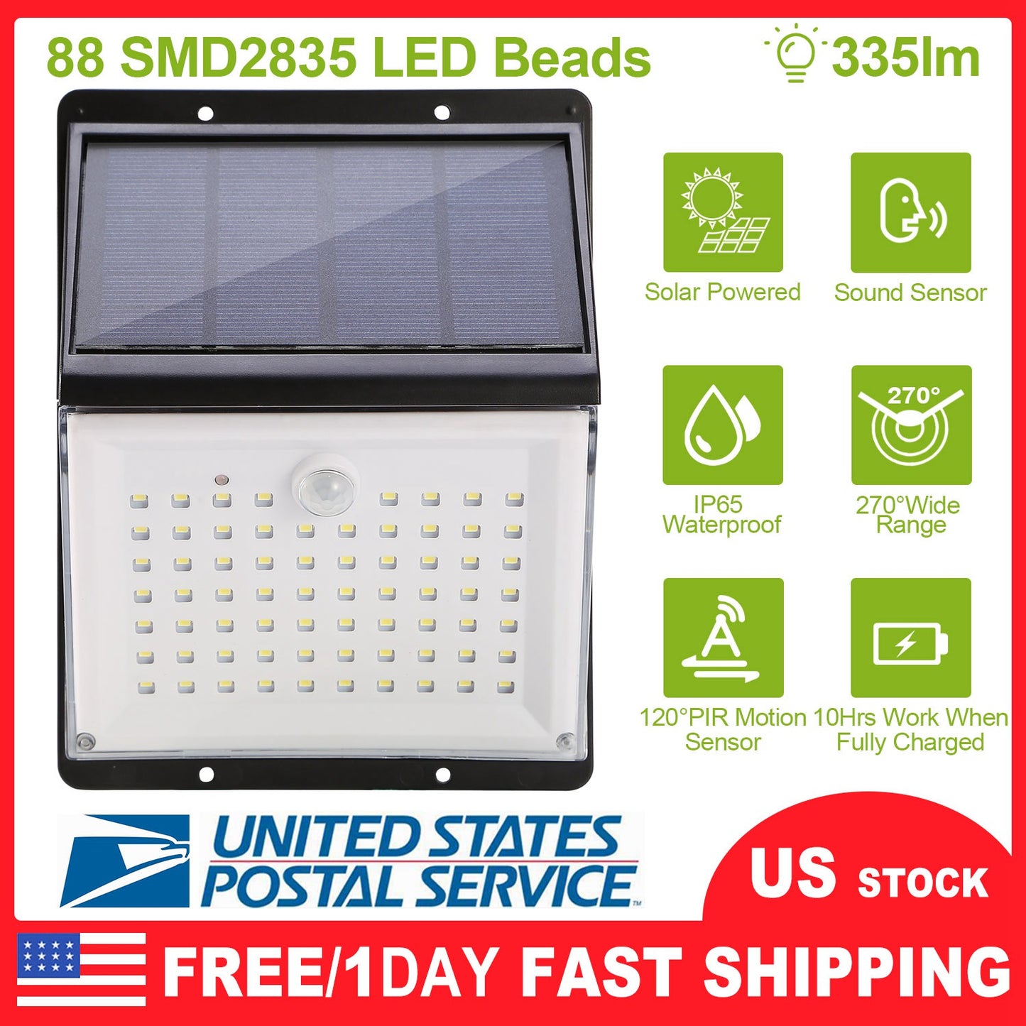 Solar Lights 88 LEDs Wall Lamps Outdoor 120¡ Motion Sensor Sound Control Lightings 270¡Illumination IP65 Waterproof w/ 2.5m Extend Wire for Garage Gar